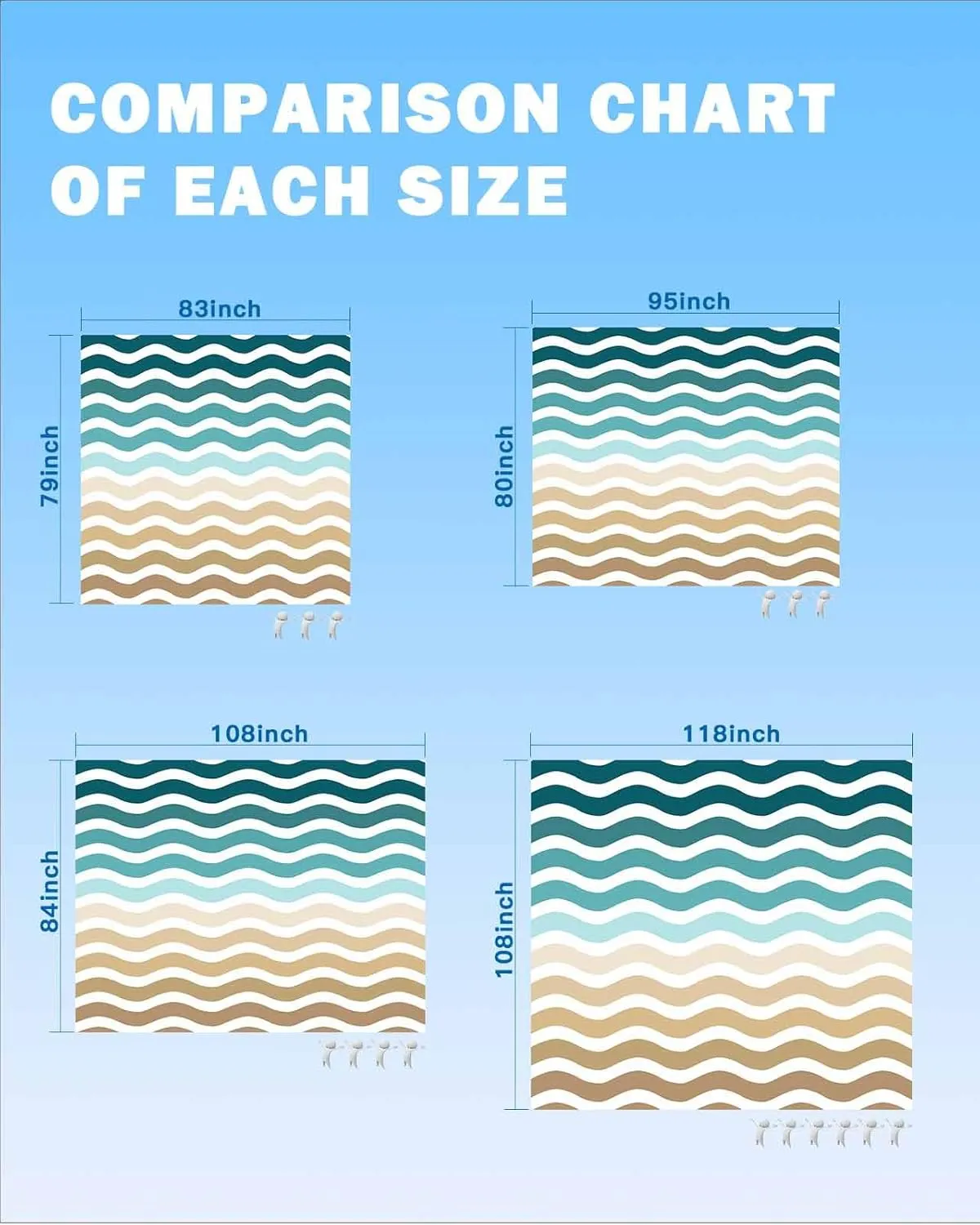 Nautical Beach Blanket Waterproof Sandproof 108"x84", Ombre Cyan Brown Water Ripple Stripes Oversized Beach Mat with 4 Corner Sand Pocket & 4 Stakes, Compact Outdoor Picnic Mat for Camping Travel