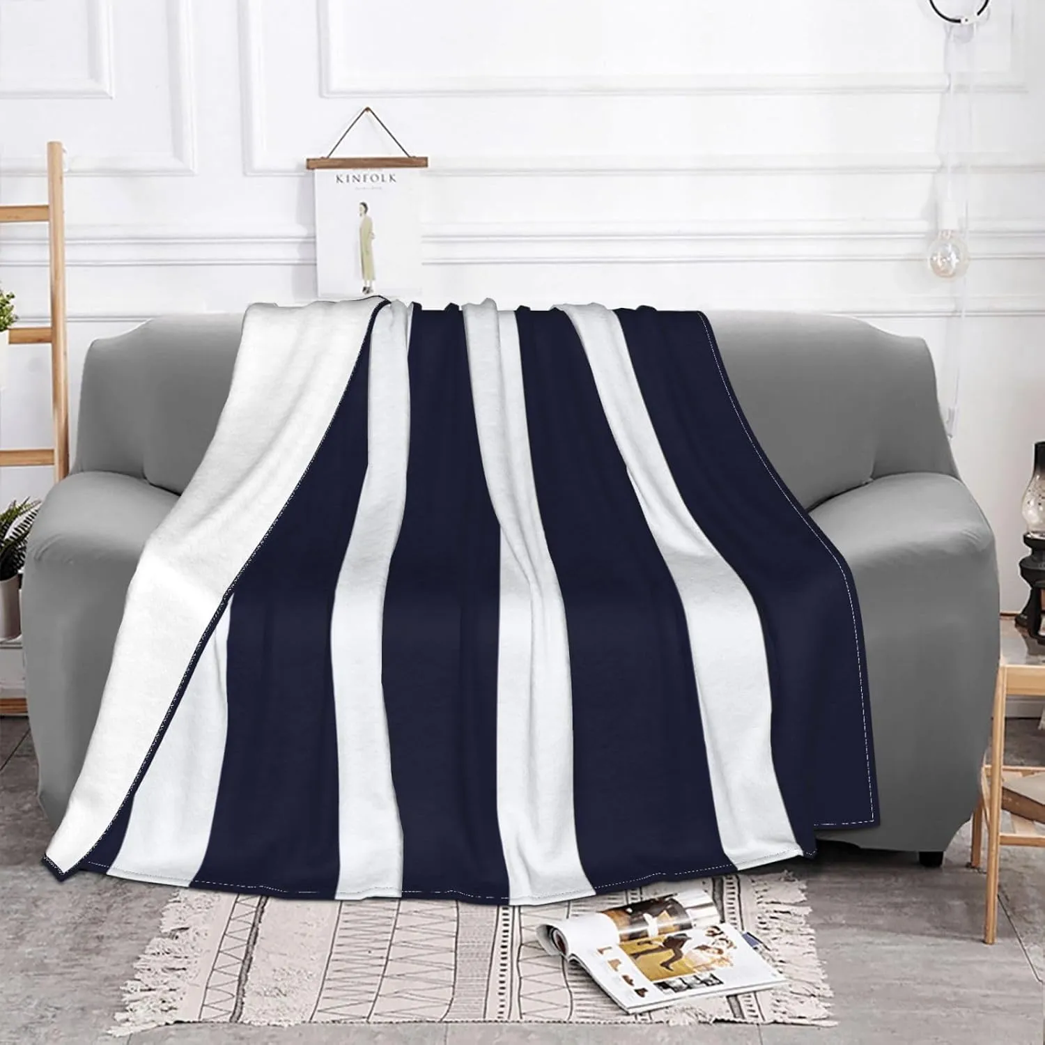 Navy Blue and White Stripes 60"X50" Flannel Blanket - 100% Soft Polyester, Lightweight and Warm, Suitable for Families, Camping, Travel