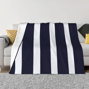 Navy Blue and White Stripes 60"X50" Flannel Blanket - 100% Soft Polyester, Lightweight and Warm, Suitable for Families, Camping, Travel