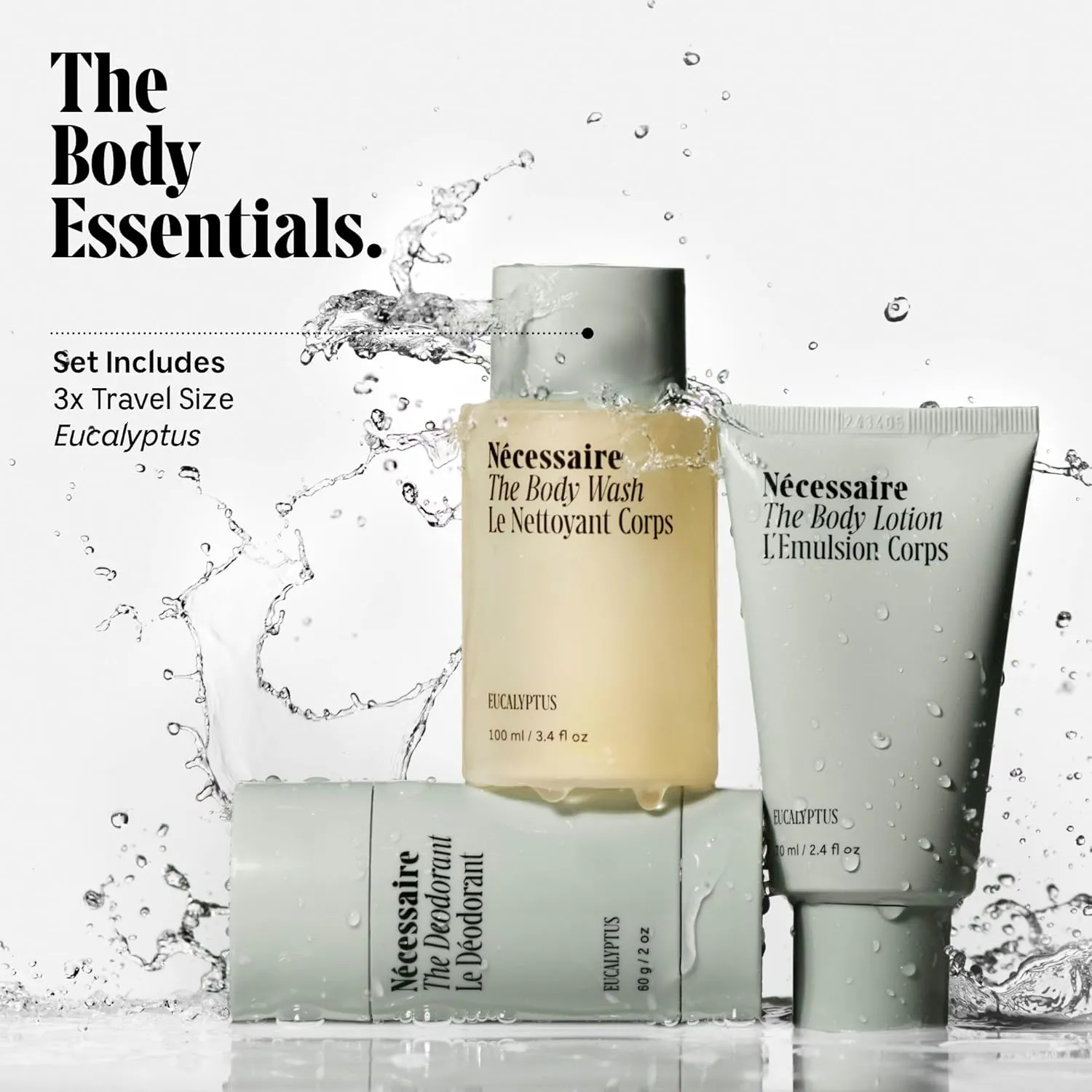 Nécessaire Eucalyptus Body Essentials Set – Travel-Size Body Wash, Body Lotion   Deodorant | For Women   Men | Dermatologist-Tested. Hypoallergenic. Vegan | Aluminum-Free Deodorant
