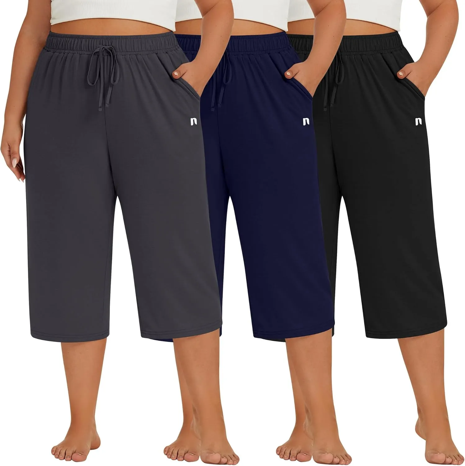 Neer 3 Pack Women's Plus Size Capris, Cotton Wide Leg Pants Casual Drawstring Capri Sweatpants Drawstring Pants with Pockets