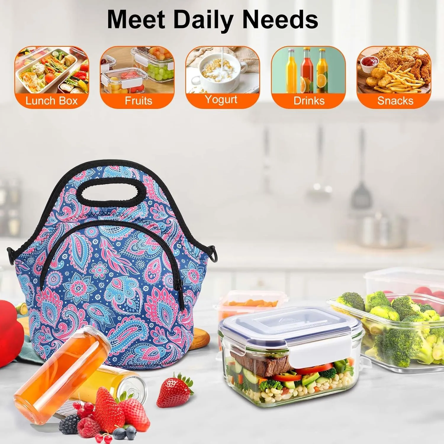Neoprene Lunch Bag, Thermal Insulated Lunch Tote Bag with Detachable Shoulder Straps, Lightweight & Reusable Lunch Bag for Women Men