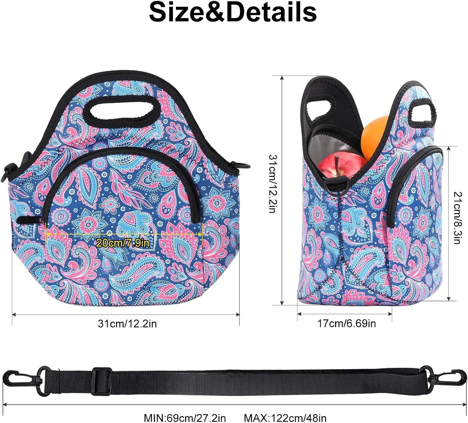 Neoprene Lunch Bag, Thermal Insulated Lunch Tote Bag with Detachable Shoulder Straps, Lightweight & Reusable Lunch Bag for Women Men
