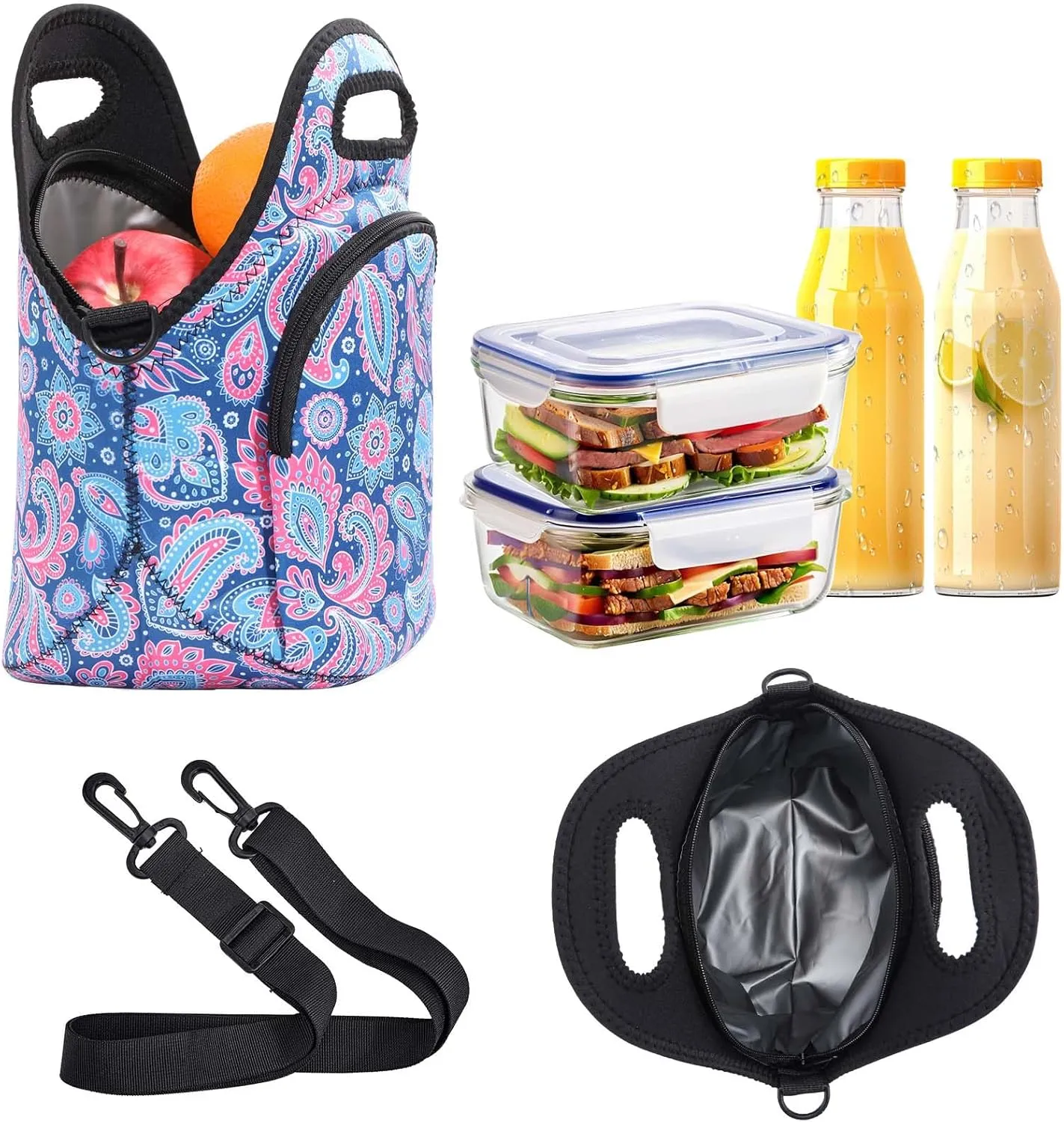 Neoprene Lunch Bag, Thermal Insulated Lunch Tote Bag with Detachable Shoulder Straps, Lightweight & Reusable Lunch Bag for Women Men