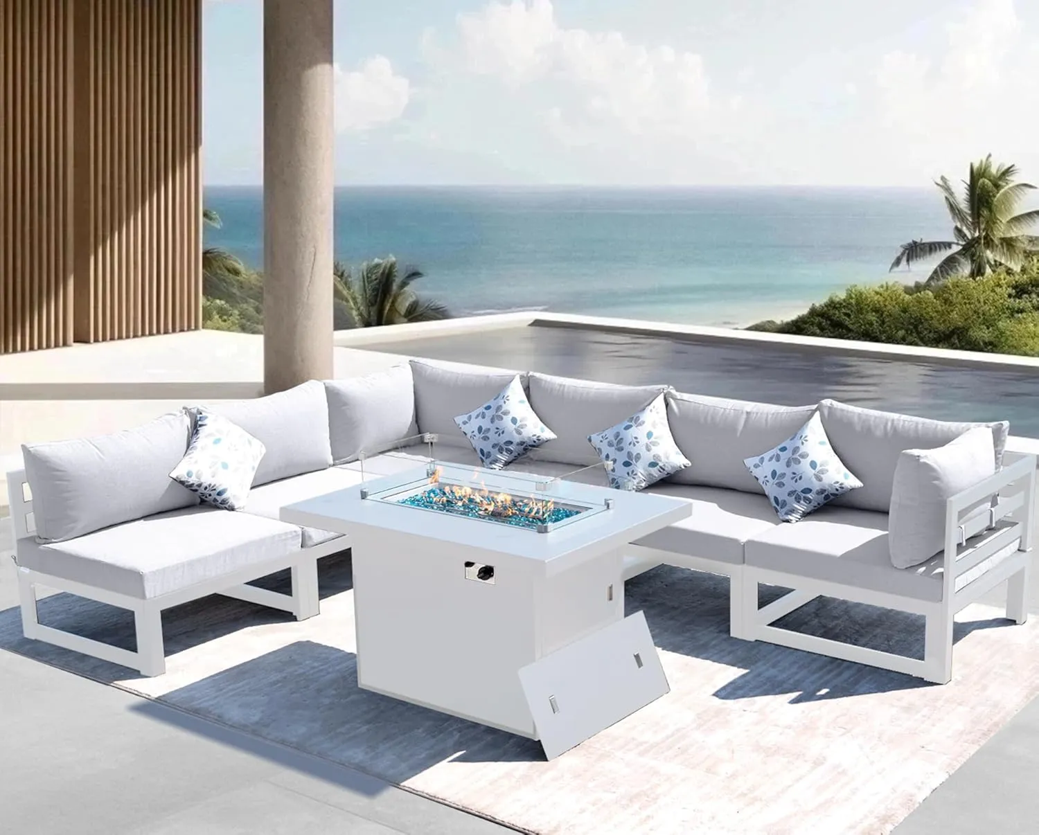 NICESOUL 7-Piece White Powder-Coated Aluminum Patio Furniture with Fire Pit Table, 29” Heavy-Duty Extra Wide Outdoor Sectional Sofa for 6, L-Shaped Luxury Oversized Couch for Poolside, Light Gray
