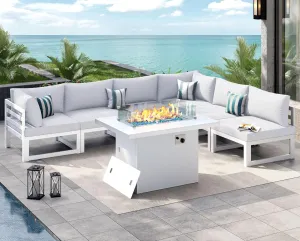 NICESOUL 7-Piece White Powder-Coated Aluminum Patio Furniture with Fire Pit Table, 29” Heavy-Duty Extra Wide Outdoor Sectional Sofa for 6, L-Shaped Luxury Oversized Couch for Poolside, Light Gray
