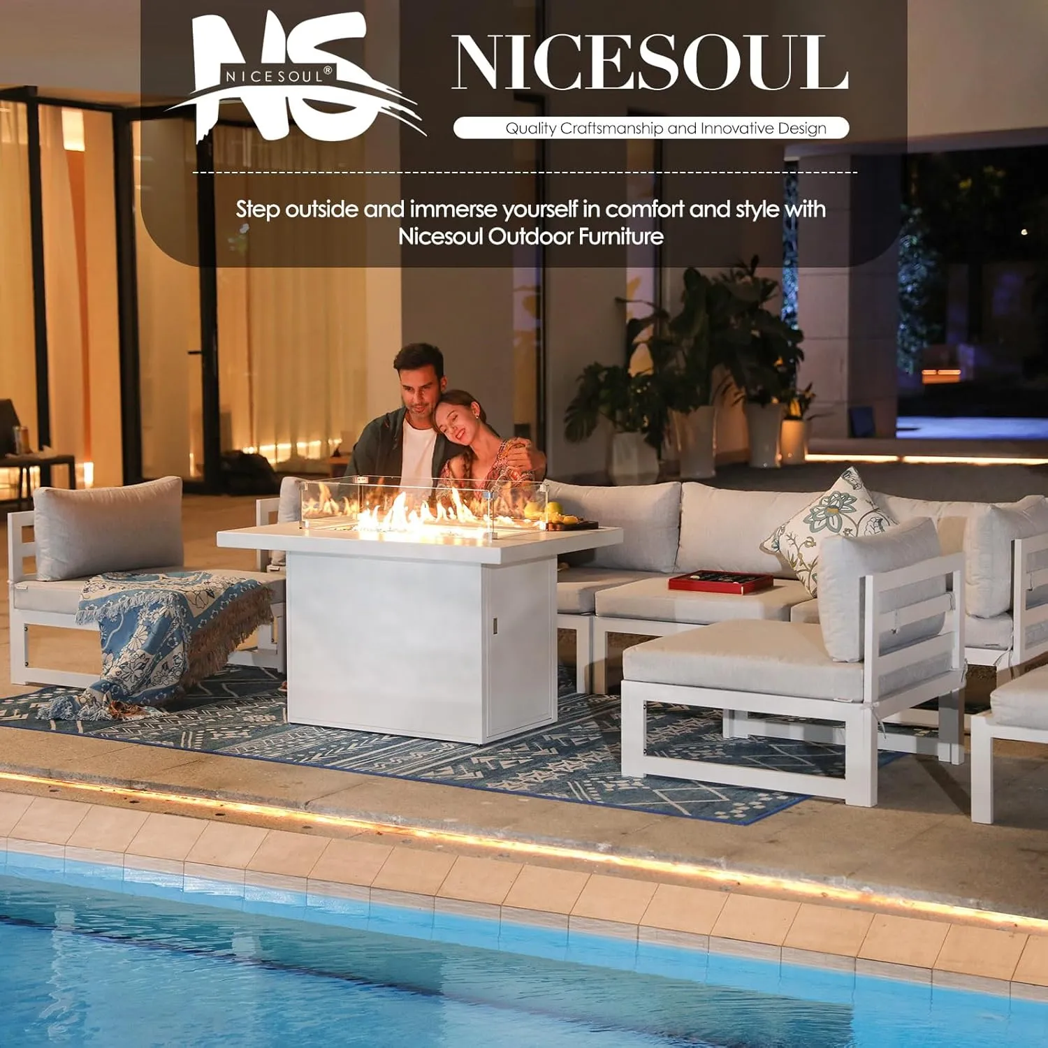 NICESOUL 7-Piece White Powder-Coated Aluminum Patio Furniture with Fire Pit Table, 29” Heavy-Duty Extra Wide Outdoor Sectional Sofa for 6, L-Shaped Luxury Oversized Couch for Poolside, Light Gray