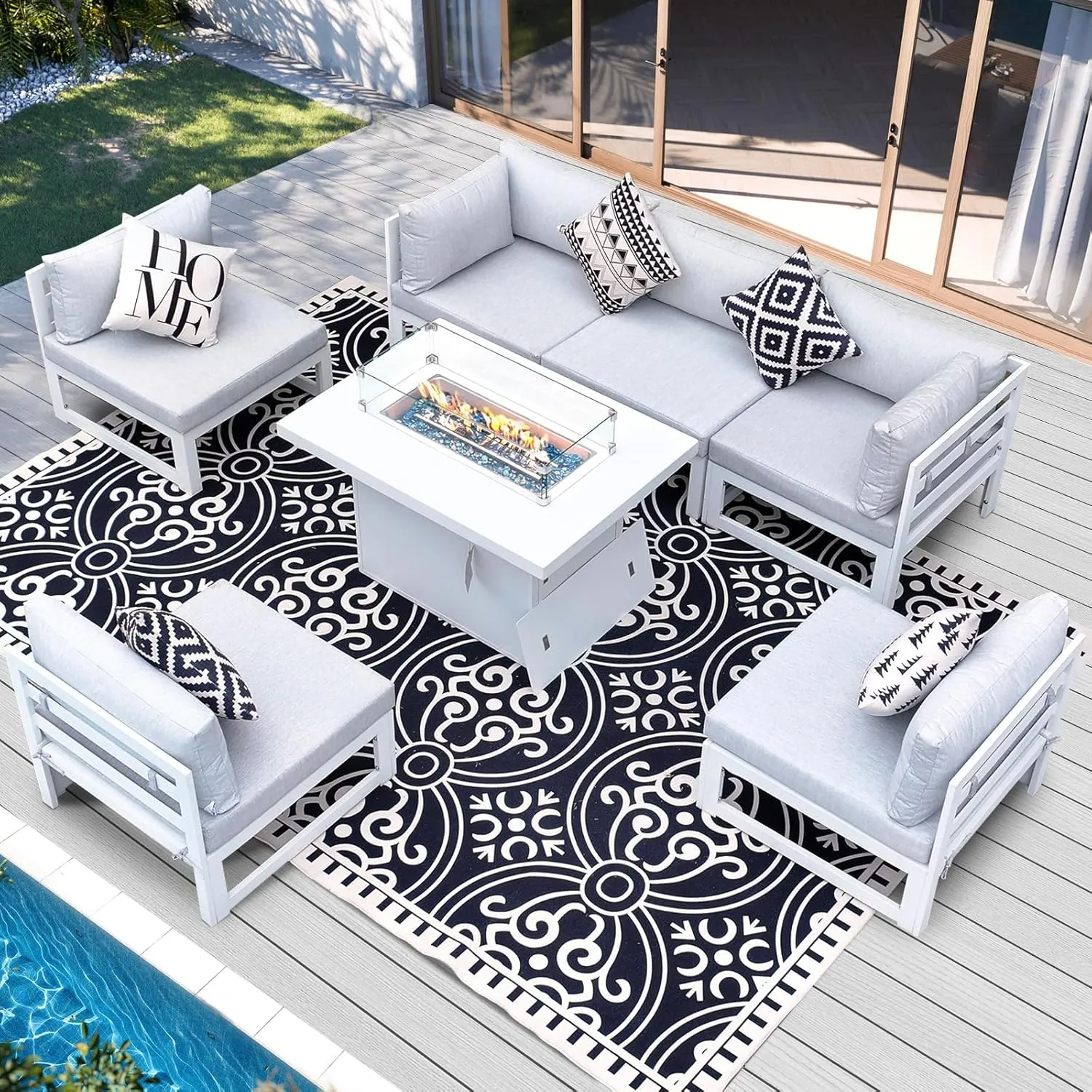 NICESOUL 7-Piece White Powder-Coated Aluminum Patio Furniture with Fire Pit Table, 29” Heavy-Duty Extra Wide Outdoor Sectional Sofa for 6, L-Shaped Luxury Oversized Couch for Poolside, Light Gray