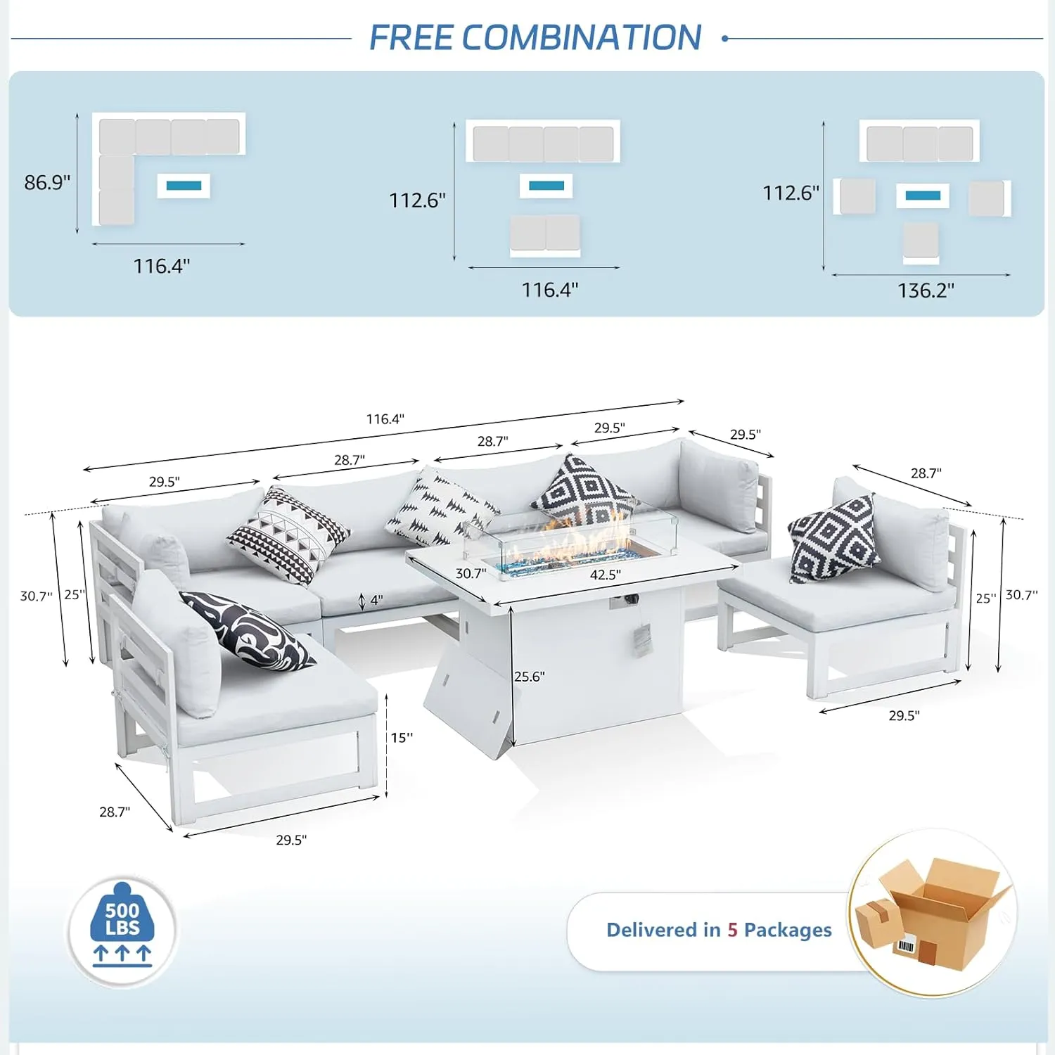 NICESOUL 7-Piece White Powder-Coated Aluminum Patio Furniture with Fire Pit Table, 29” Heavy-Duty Extra Wide Outdoor Sectional Sofa for 6, L-Shaped Luxury Oversized Couch for Poolside, Light Gray