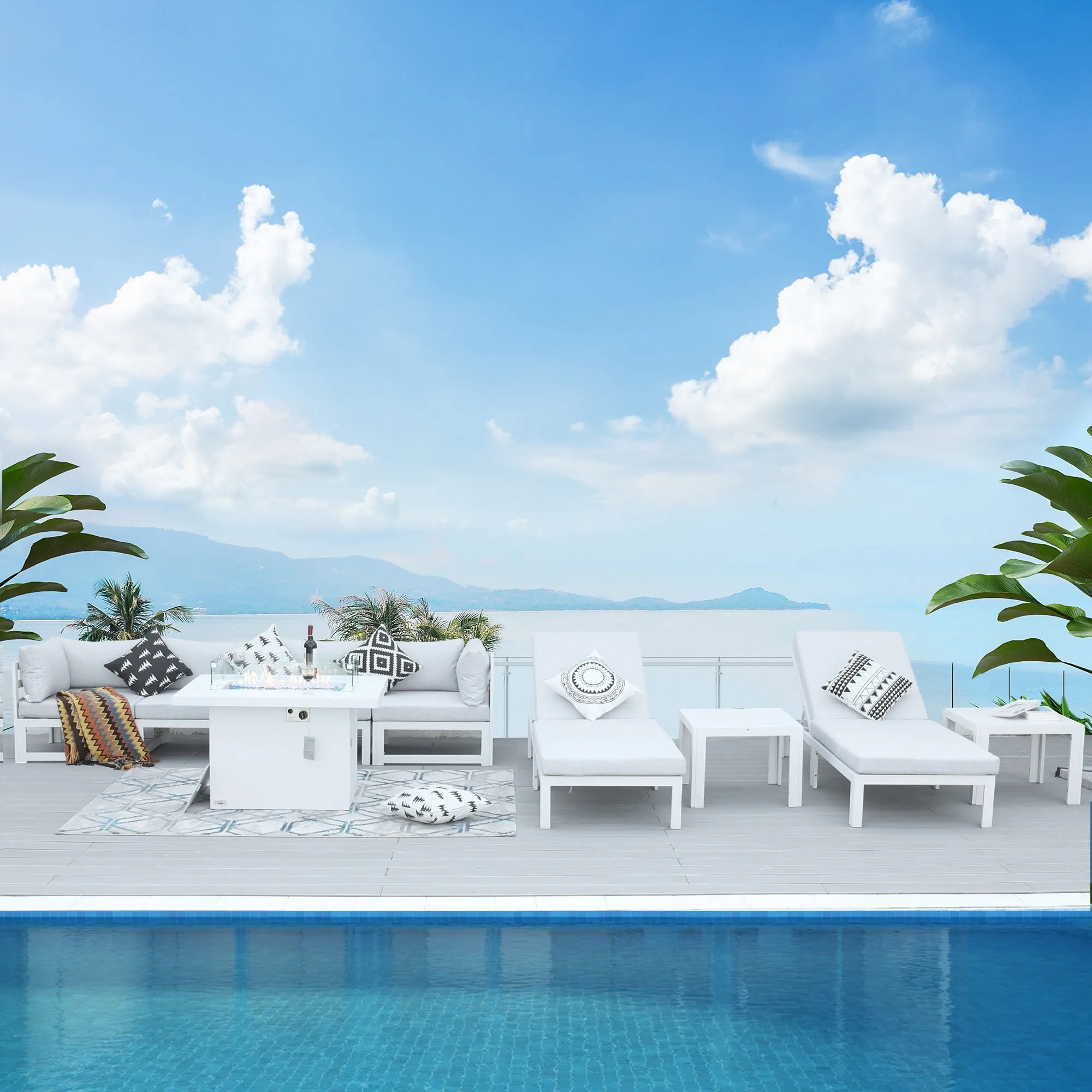 NICESOUL Aluminum Patio Sofa with Fire Pit, Chaise Lounge, Table 6 Seater 9-Piece