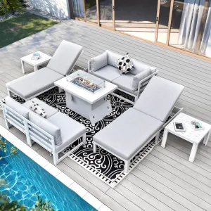 NICESOUL Aluminum Patio Sofa with Fire Pit, Chaise Lounge, Table 6 Seater 9-Piece