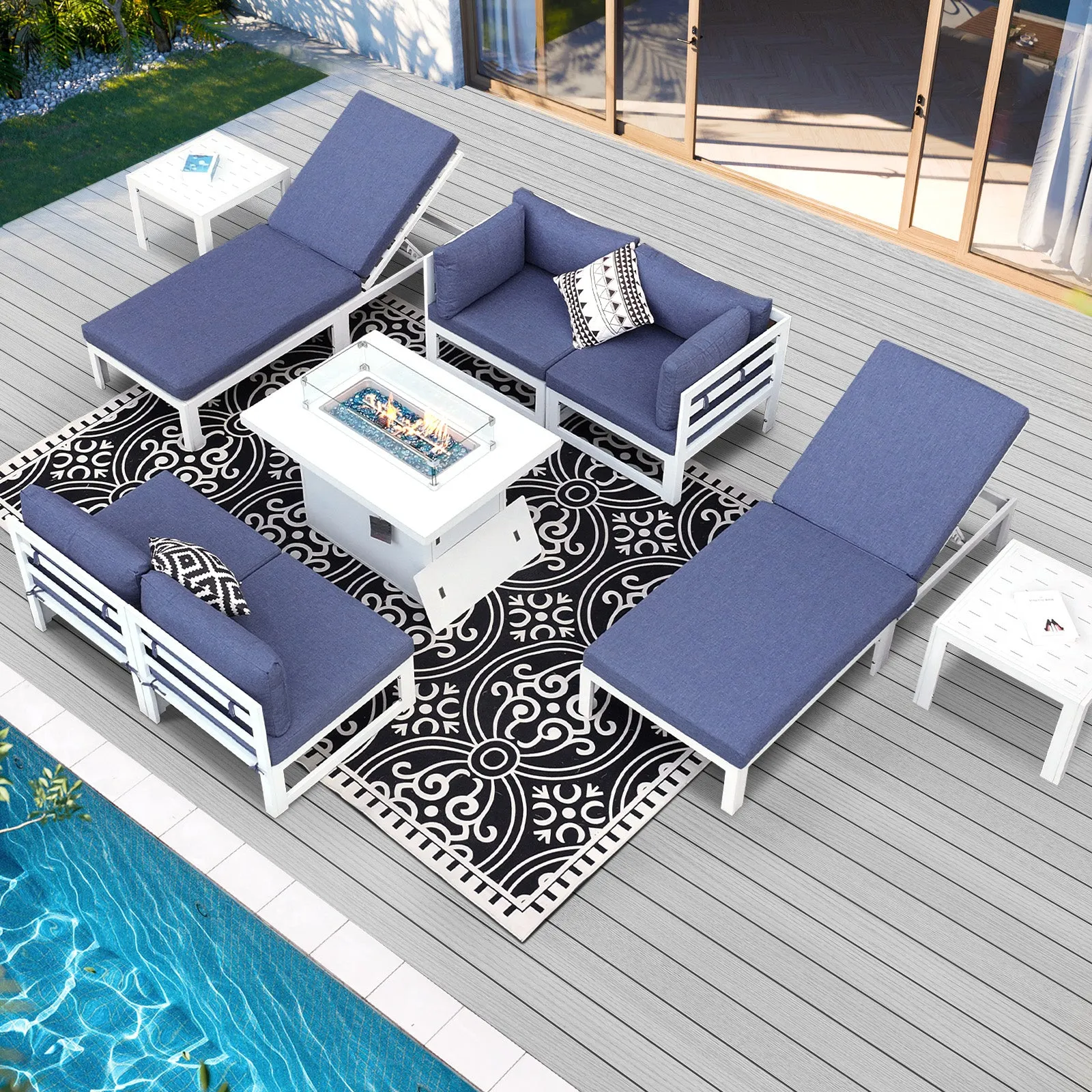 NICESOUL Aluminum Patio Sofa with Fire Pit, Chaise Lounge, Table 6 Seater 9-Piece