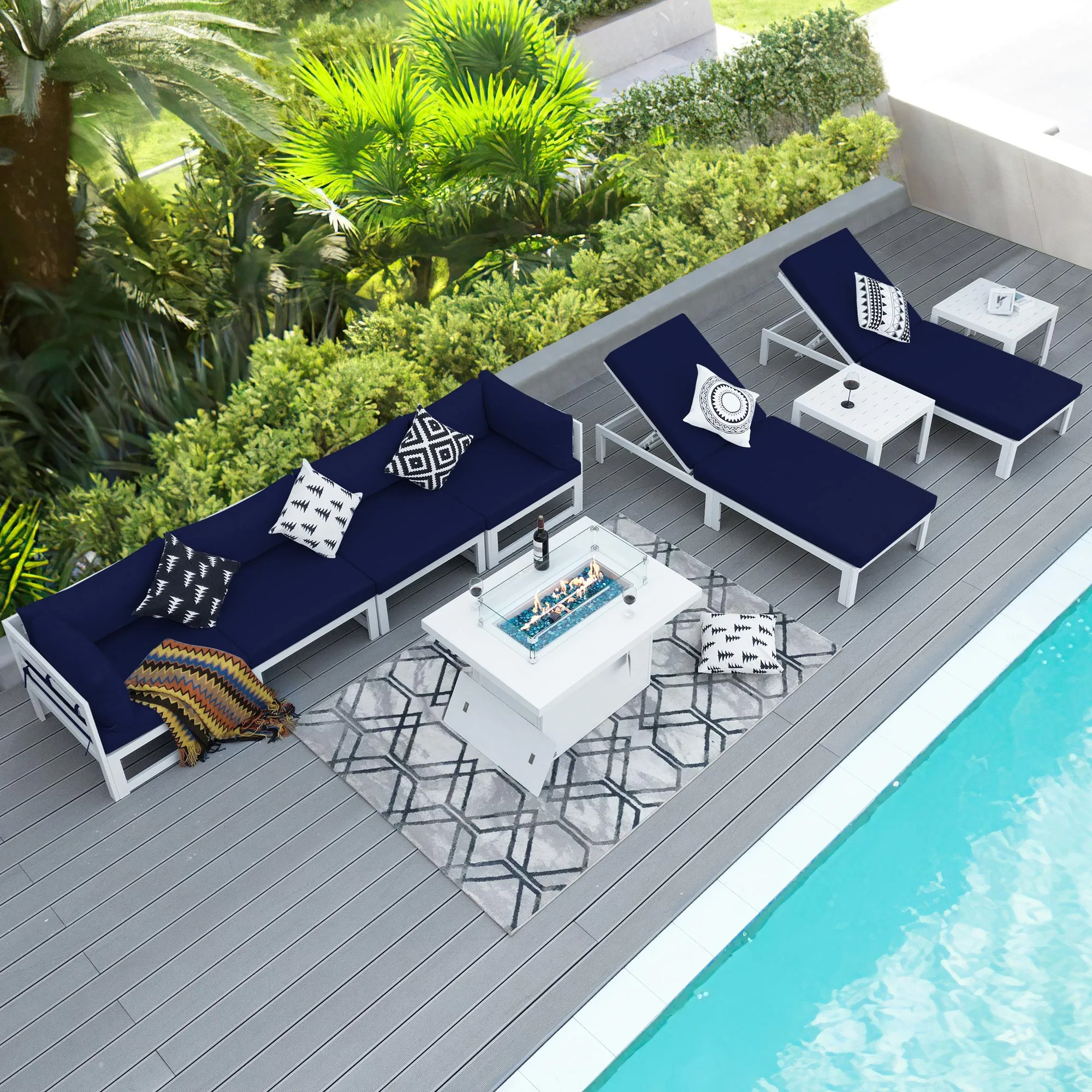 NICESOUL Aluminum Patio Sofa with Fire Pit, Chaise Lounge, Table 6 Seater 9-Piece