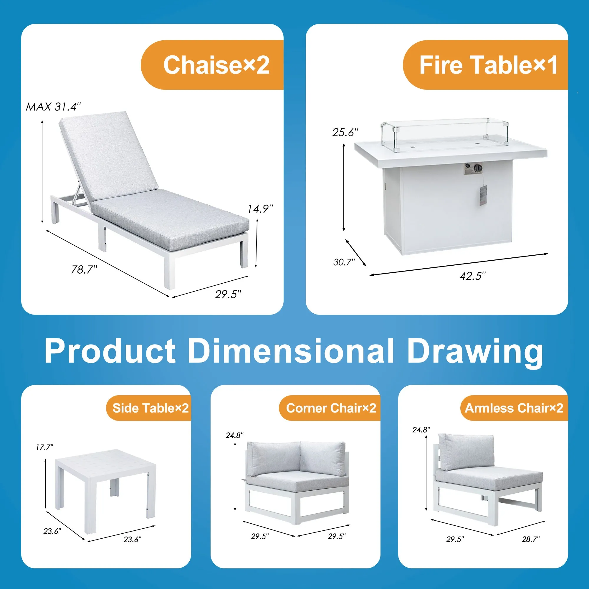 NICESOUL Aluminum Patio Sofa with Fire Pit, Chaise Lounge, Table 6 Seater 9-Piece