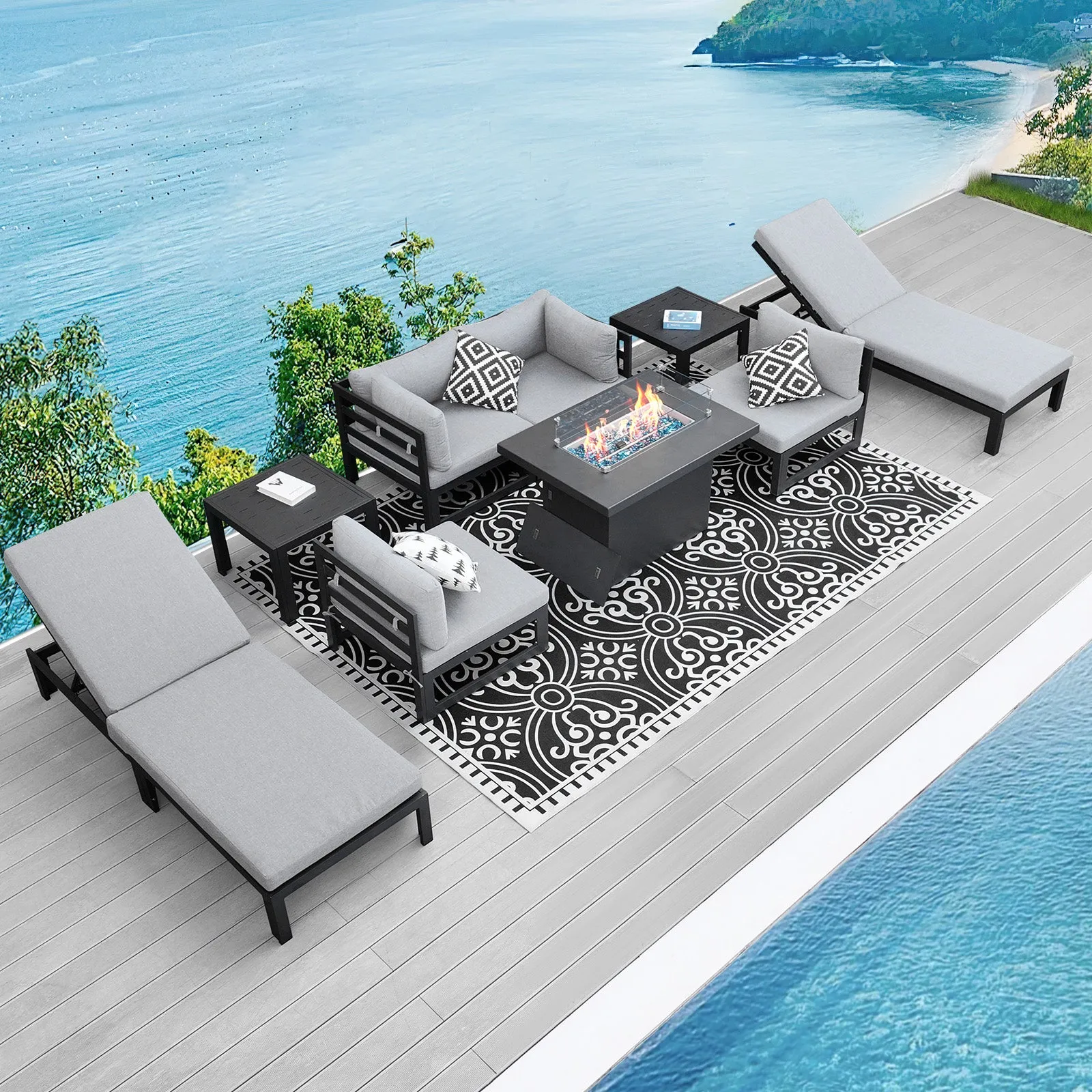 NICESOUL Aluminum Patio Sofa with Fire Pit, Chaise Lounge, Table 6 Seater 9-Piece