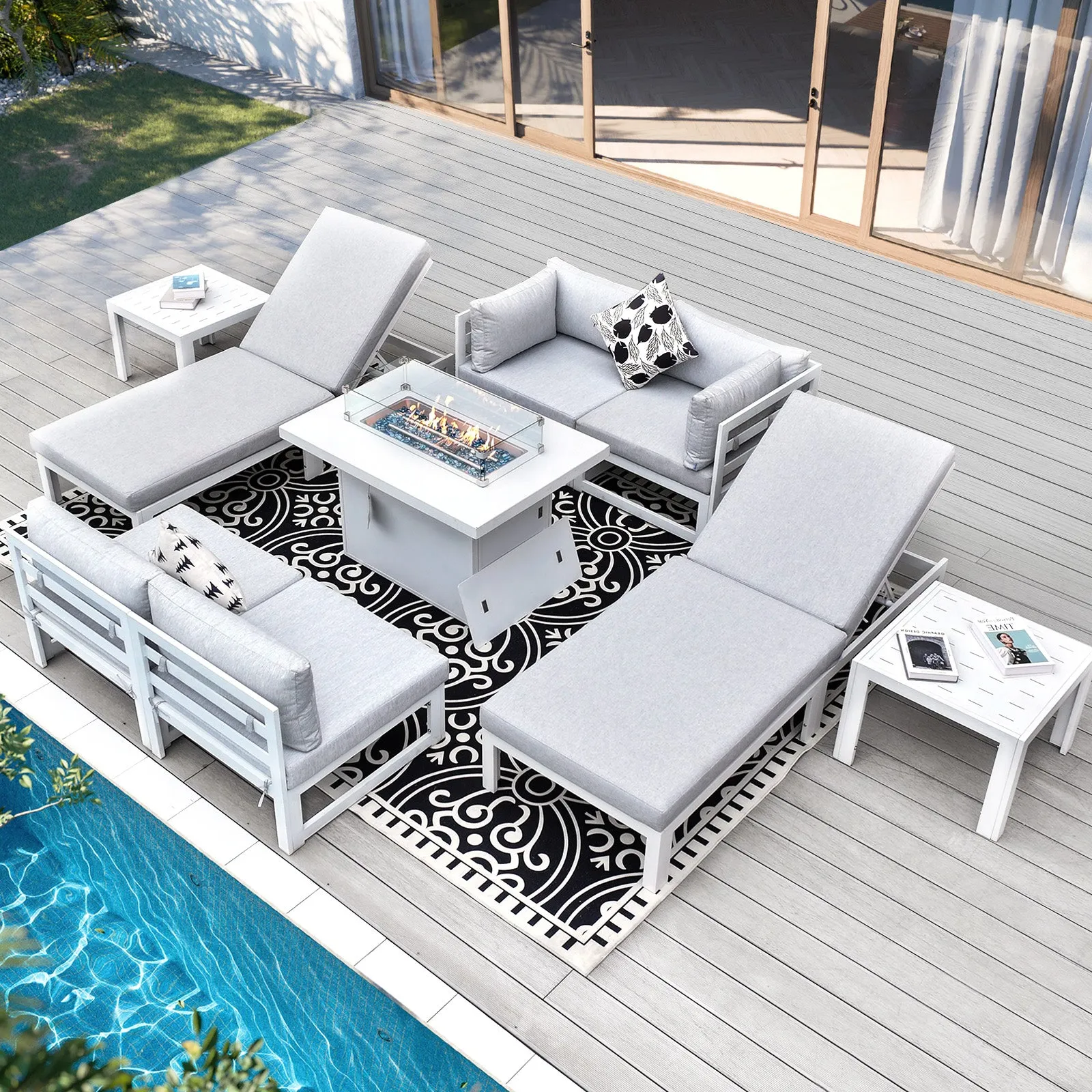 NICESOUL Aluminum Patio Sofa with Fire Pit, Chaise Lounge, Table 6 Seater 9-Piece