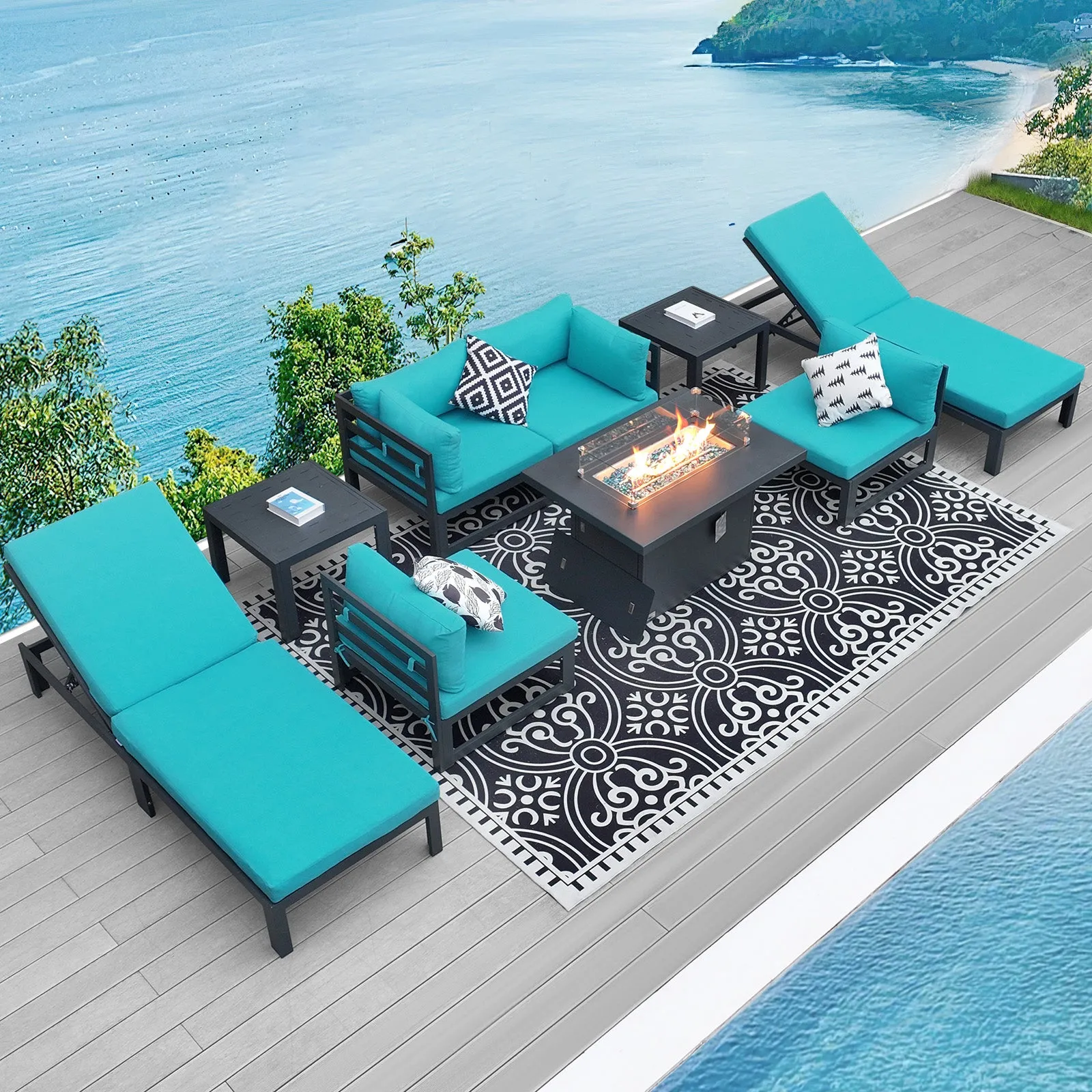 NICESOUL Aluminum Patio Sofa with Fire Pit, Chaise Lounge, Table 6 Seater 9-Piece