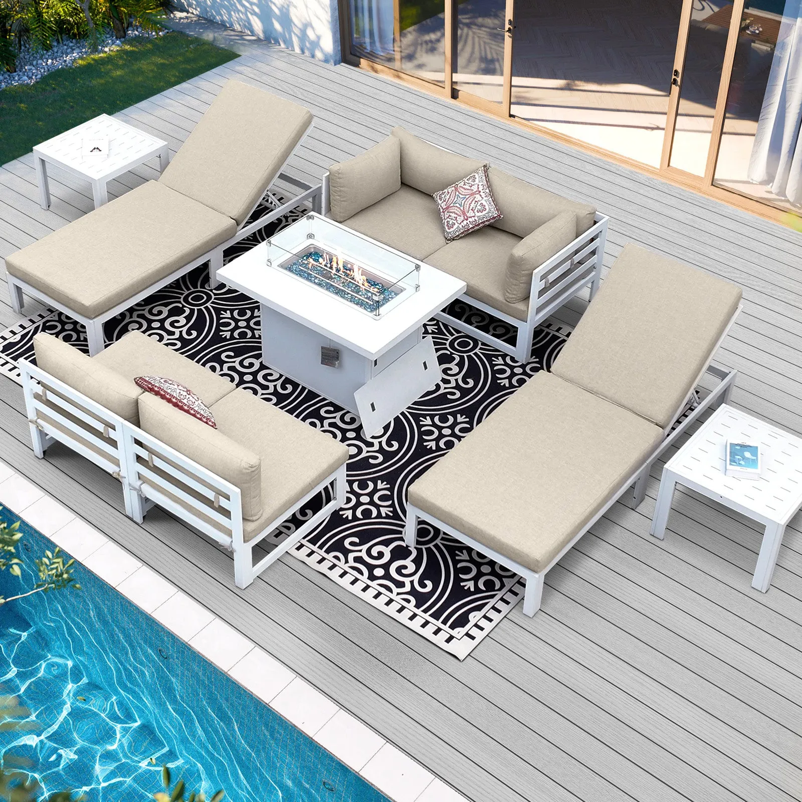 NICESOUL Aluminum Patio Sofa with Fire Pit, Chaise Lounge, Table 6 Seater 9-Piece