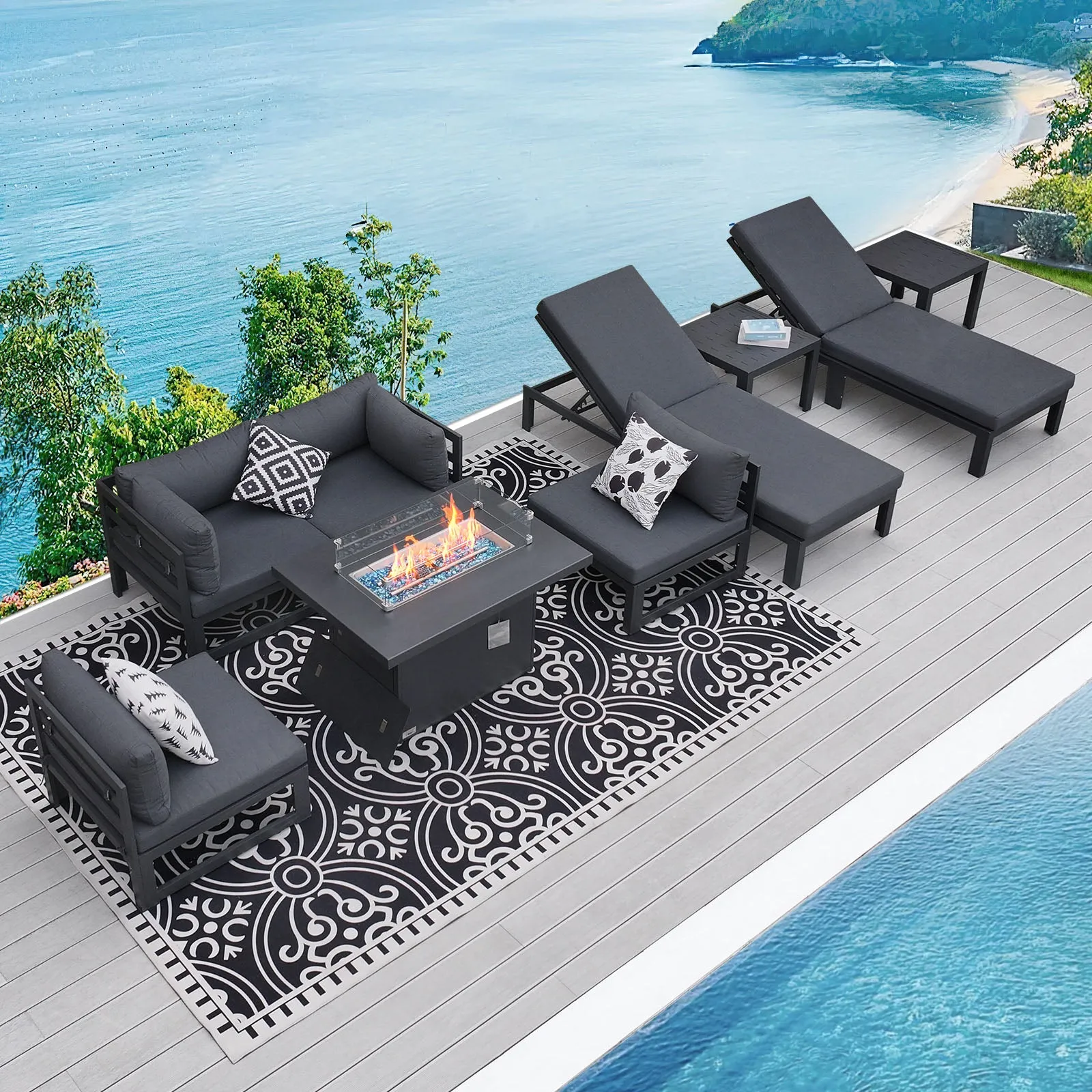 NICESOUL Aluminum Patio Sofa with Fire Pit, Chaise Lounge, Table 6 Seater 9-Piece