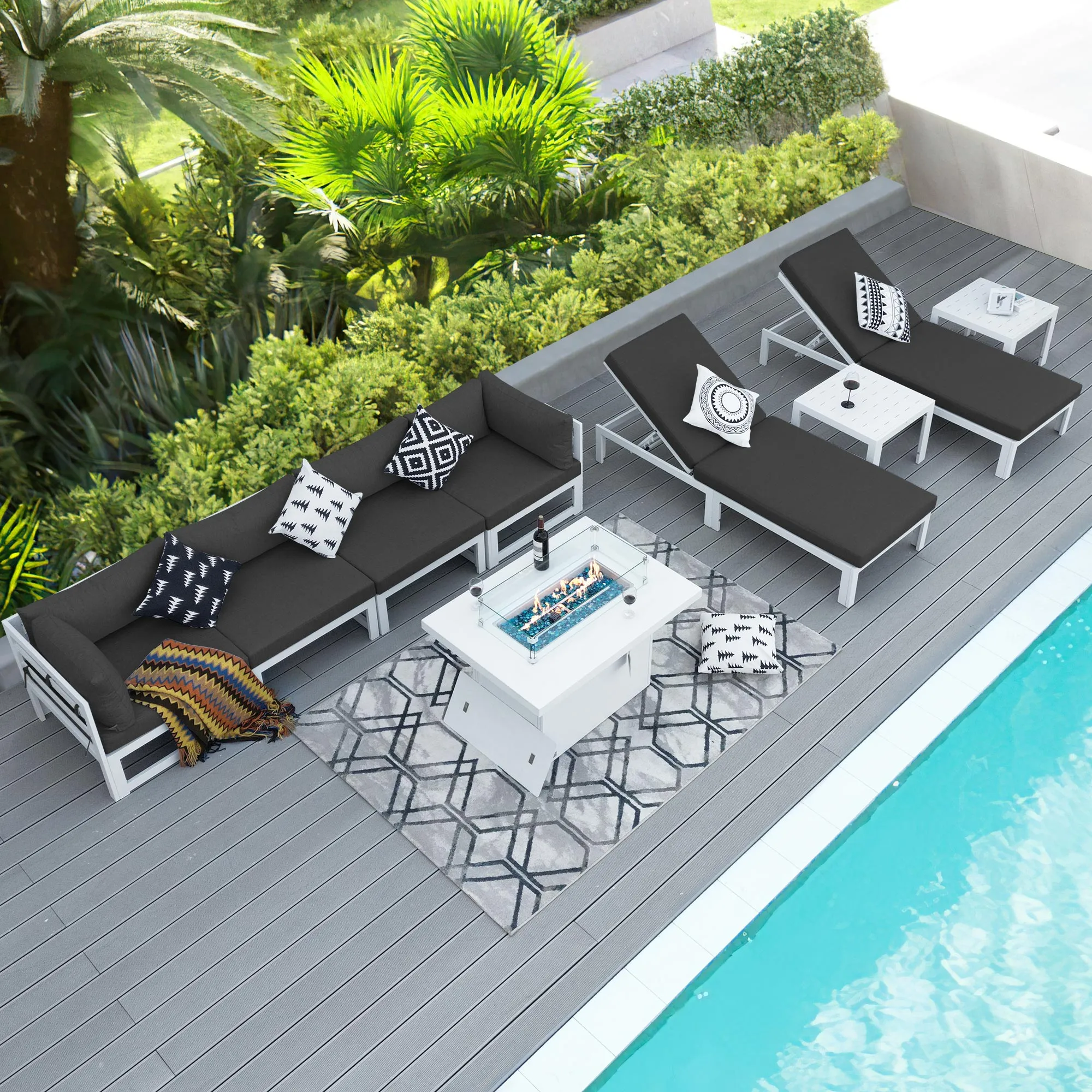 NICESOUL Aluminum Patio Sofa with Fire Pit, Chaise Lounge, Table 6 Seater 9-Piece