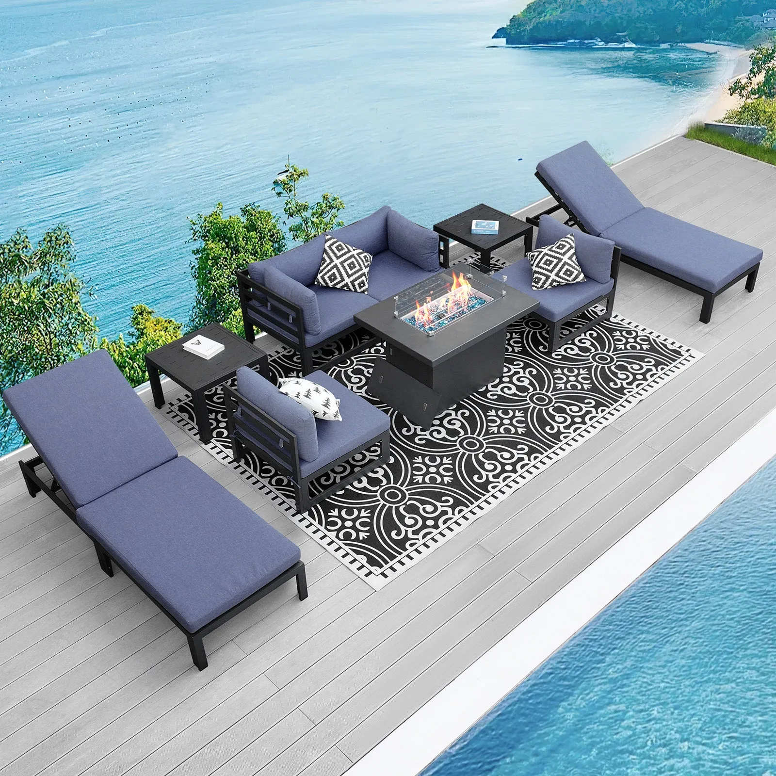 NICESOUL Aluminum Patio Sofa with Fire Pit, Chaise Lounge, Table 6 Seater 9-Piece
