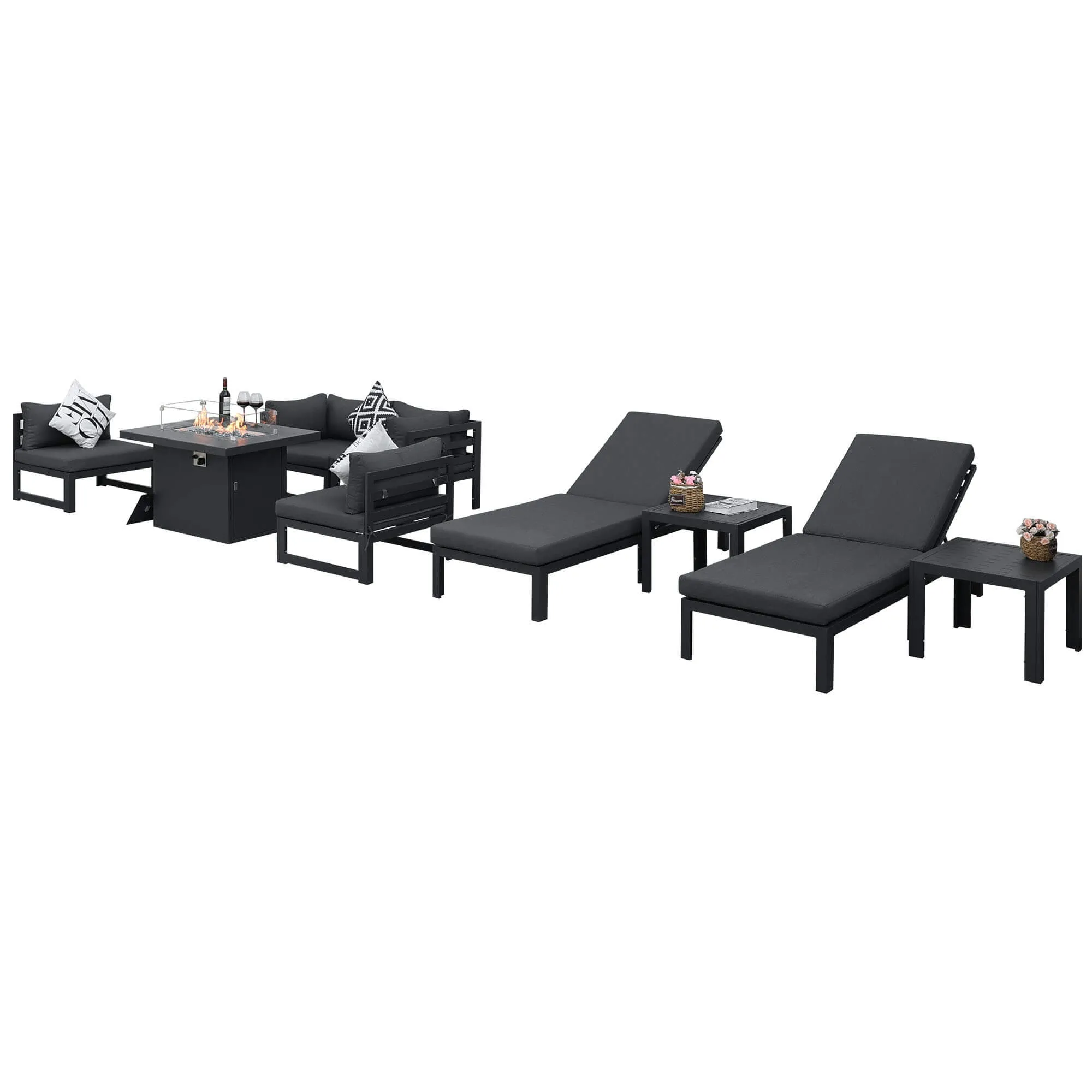 NICESOUL Aluminum Patio Sofa with Fire Pit, Chaise Lounge, Table 6 Seater 9-Piece