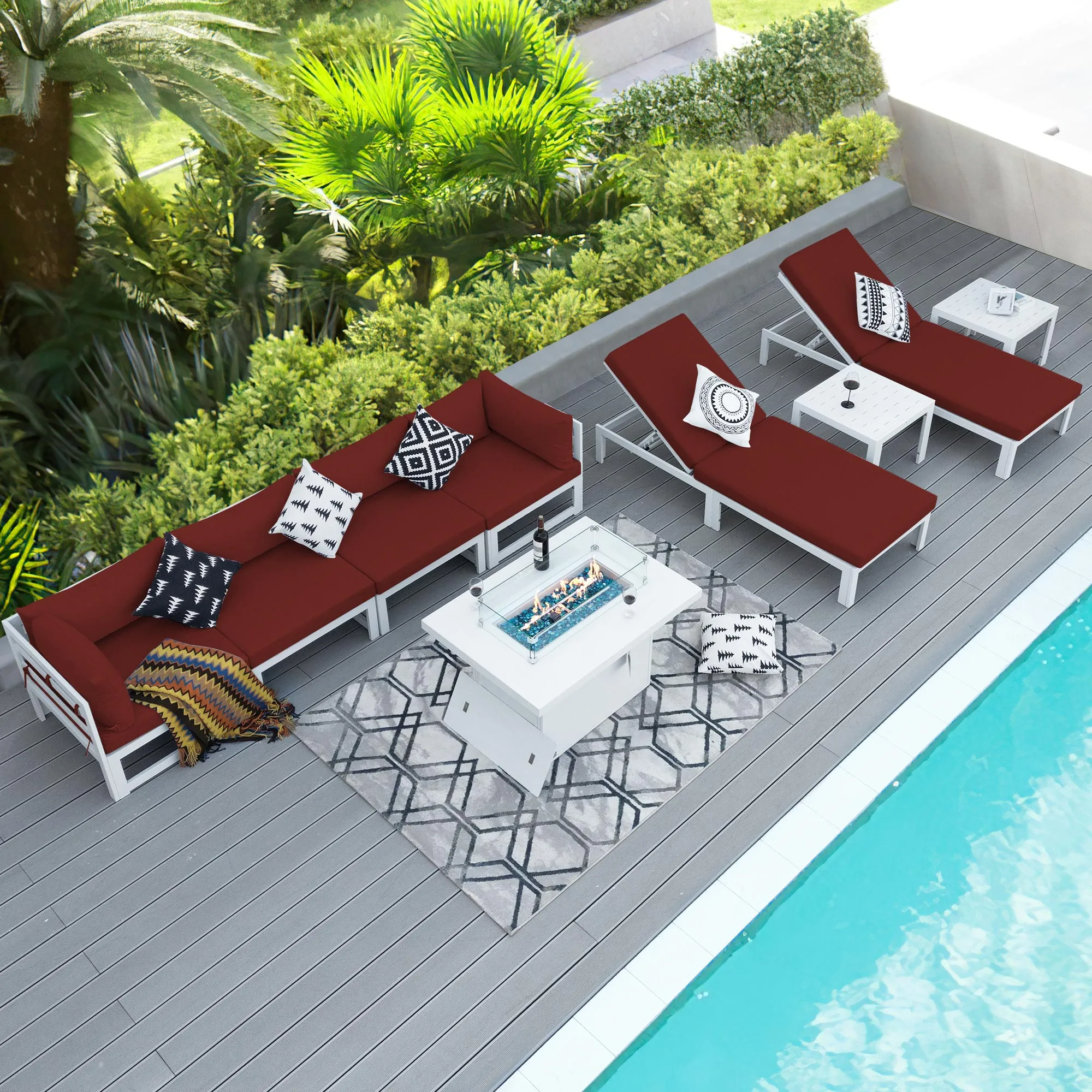 NICESOUL Aluminum Patio Sofa with Fire Pit, Chaise Lounge, Table 6 Seater 9-Piece