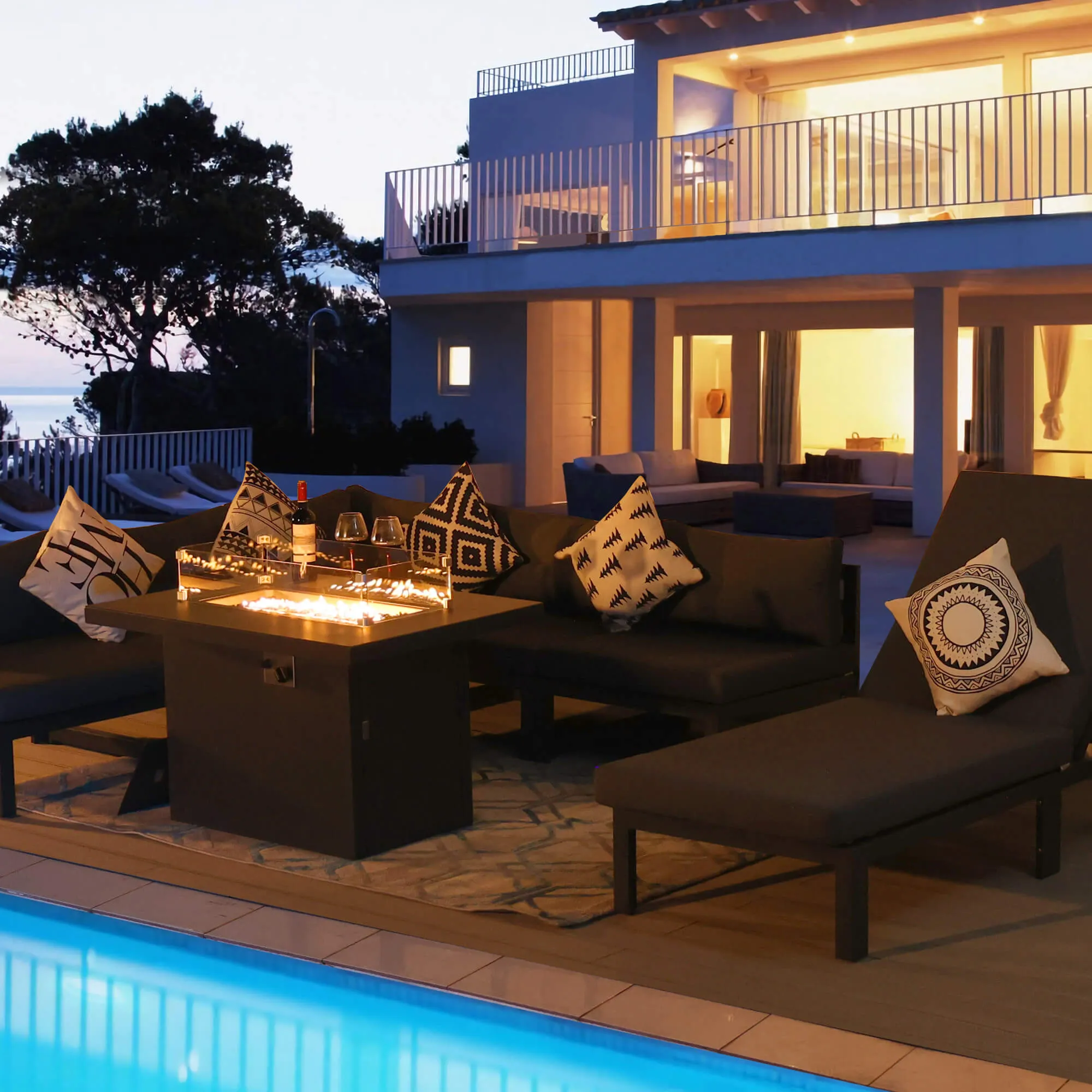NICESOUL Aluminum Patio Sofa with Fire Pit, Chaise Lounge, Table 6 Seater 9-Piece