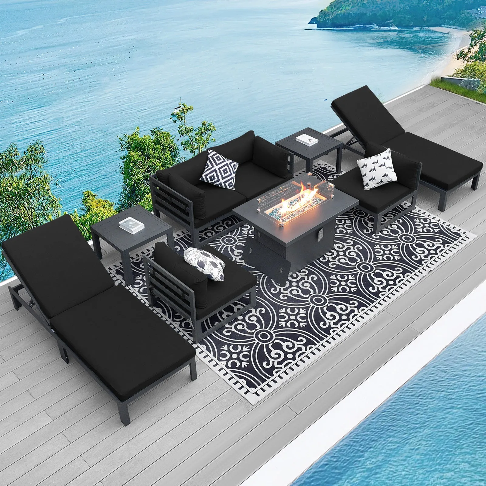 NICESOUL Aluminum Patio Sofa with Fire Pit, Chaise Lounge, Table 6 Seater 9-Piece