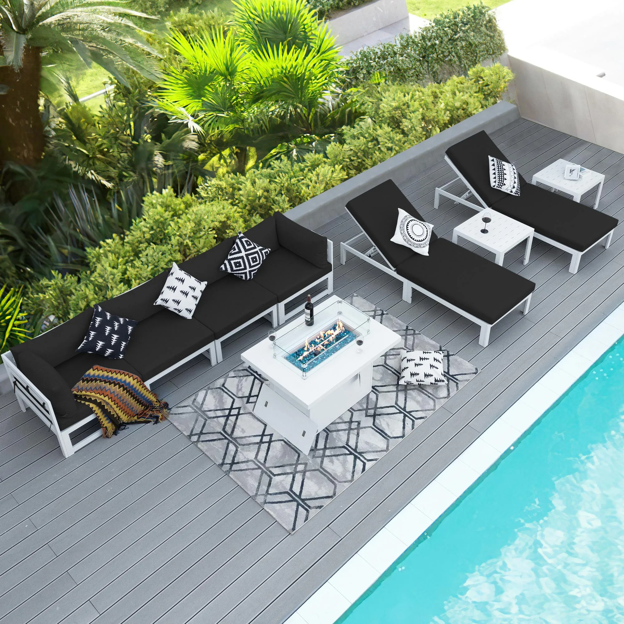 NICESOUL Aluminum Patio Sofa with Fire Pit, Chaise Lounge, Table 6 Seater 9-Piece