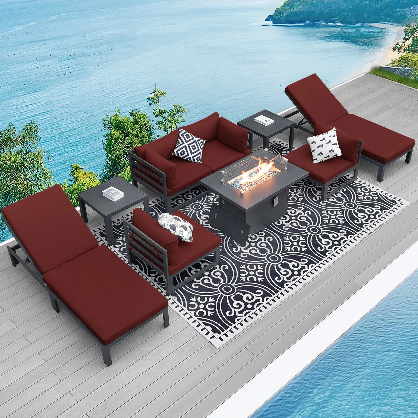 NICESOUL Aluminum Patio Sofa with Fire Pit, Chaise Lounge, Table 6 Seater 9-Piece