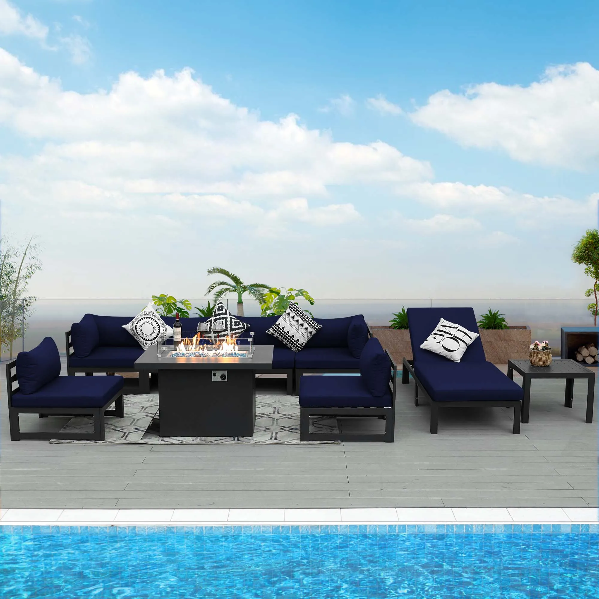 NICESOUL Aluminum Patio Sofa with Fire Pit, Chaise Lounge, Table 7 Seater 9-Piece
