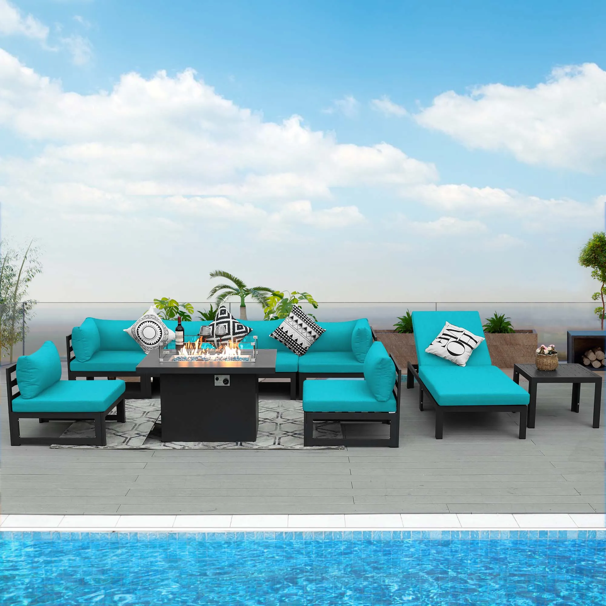 NICESOUL Aluminum Patio Sofa with Fire Pit, Chaise Lounge, Table 7 Seater 9-Piece