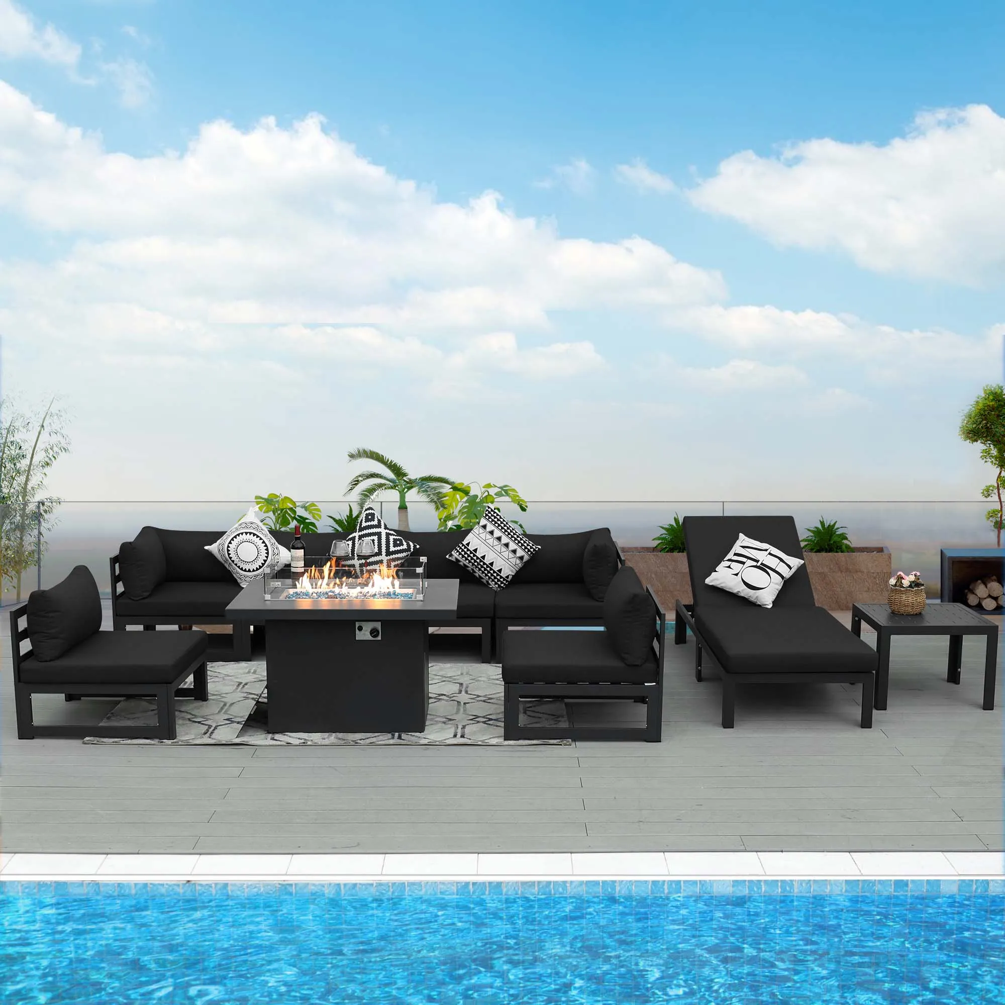 NICESOUL Aluminum Patio Sofa with Fire Pit, Chaise Lounge, Table 7 Seater 9-Piece
