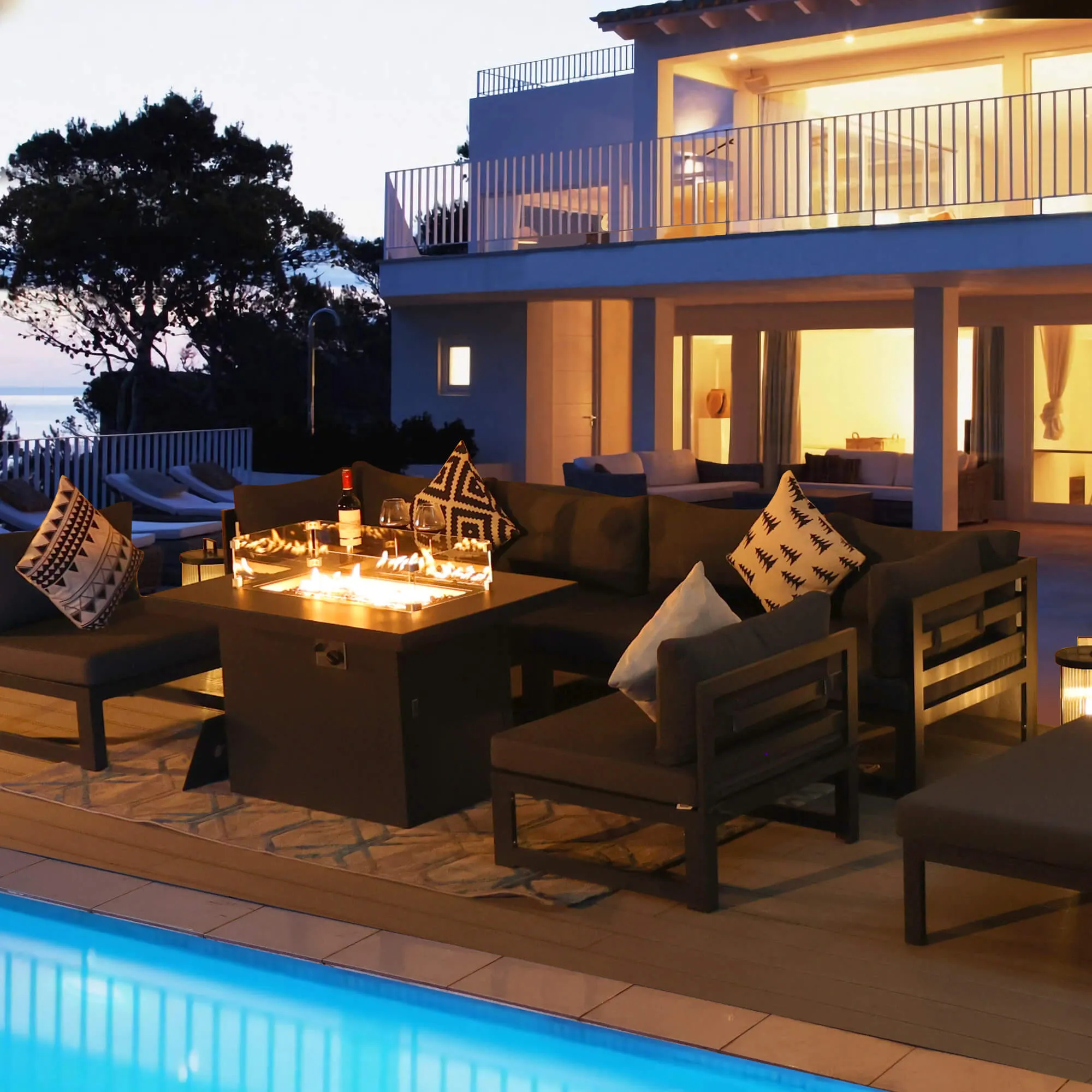 NICESOUL Aluminum Patio Sofa with Fire Pit, Chaise Lounge, Table 7 Seater 9-Piece