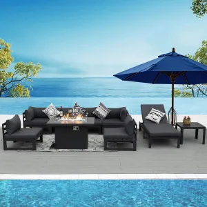 NICESOUL Aluminum Patio Sofa with Fire Pit, Chaise Lounge, Table 7 Seater 9-Piece