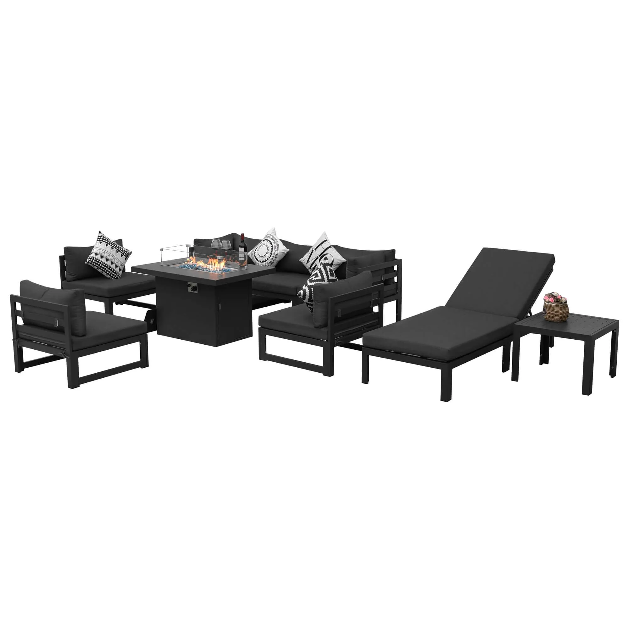 NICESOUL Aluminum Patio Sofa with Fire Pit, Chaise Lounge, Table 7 Seater 9-Piece