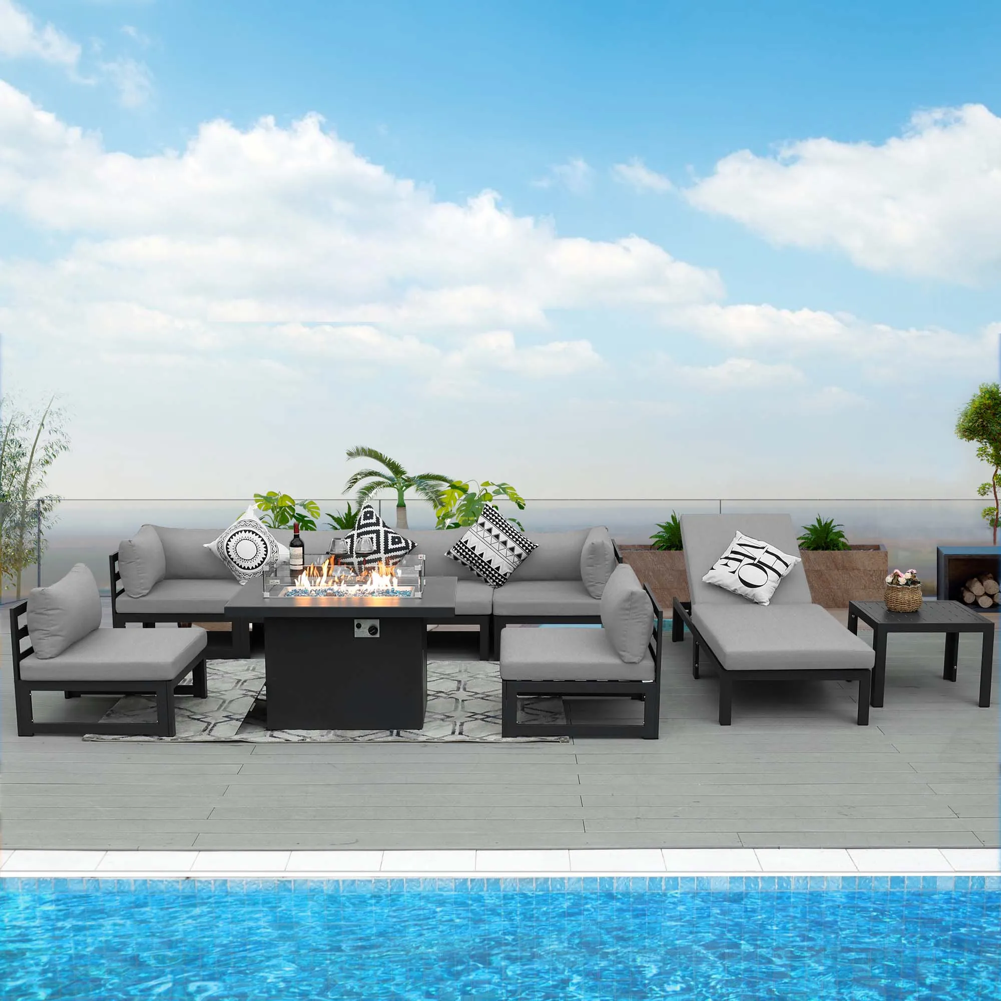 NICESOUL Aluminum Patio Sofa with Fire Pit, Chaise Lounge, Table 7 Seater 9-Piece