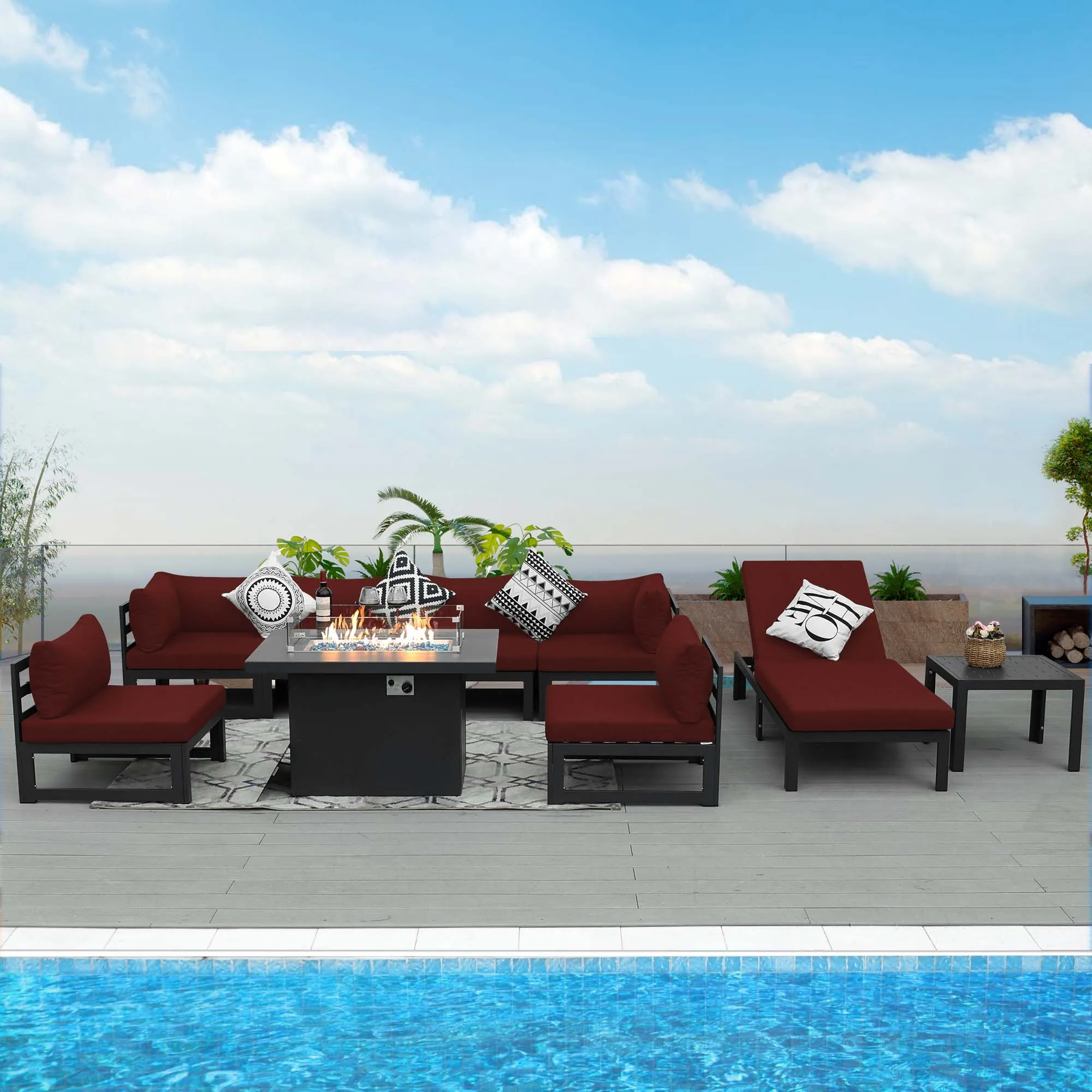 NICESOUL Aluminum Patio Sofa with Fire Pit, Chaise Lounge, Table 7 Seater 9-Piece