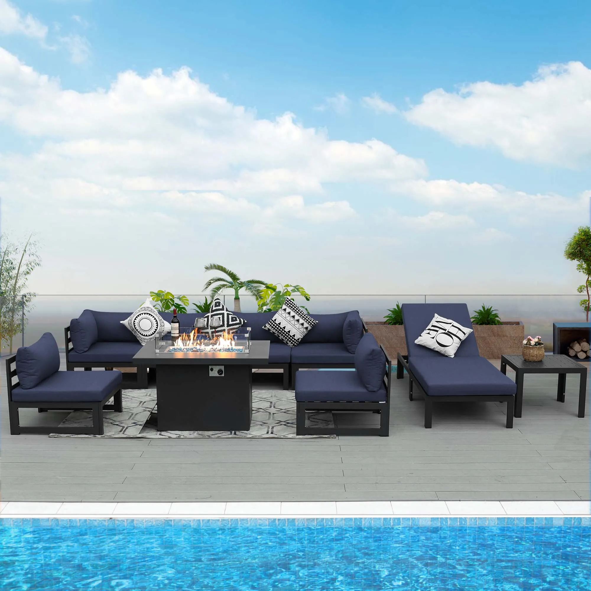 NICESOUL Aluminum Patio Sofa with Fire Pit, Chaise Lounge, Table 7 Seater 9-Piece