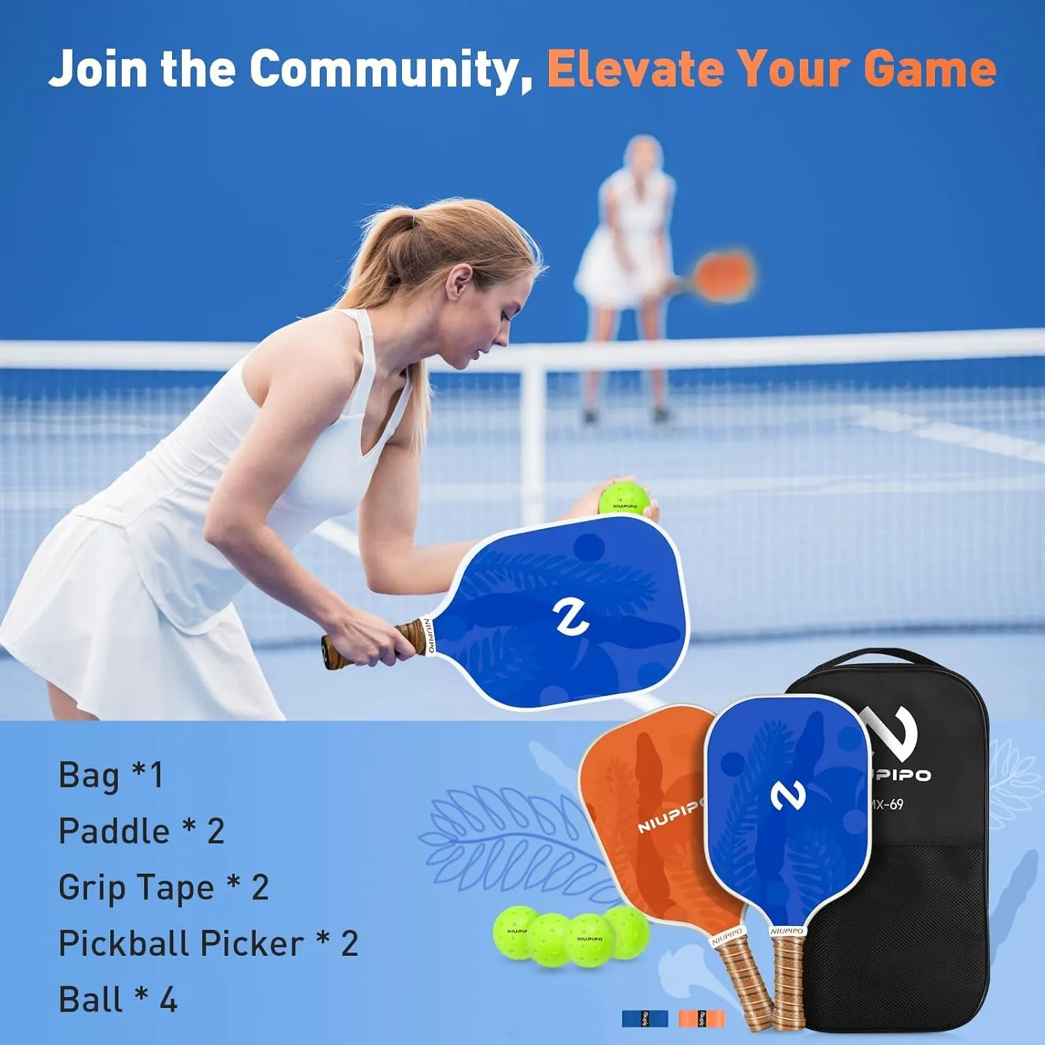 niupipo Pickleball Paddles Set of 2/4/1, USAPA Approved Graphite Carbon Fiber Pickleball Rackets, Polypropylene Honeycomb Core, Cushion 4.72In Grip, Bag/Cover, Pickle Ball Paddle Set for Men Women
