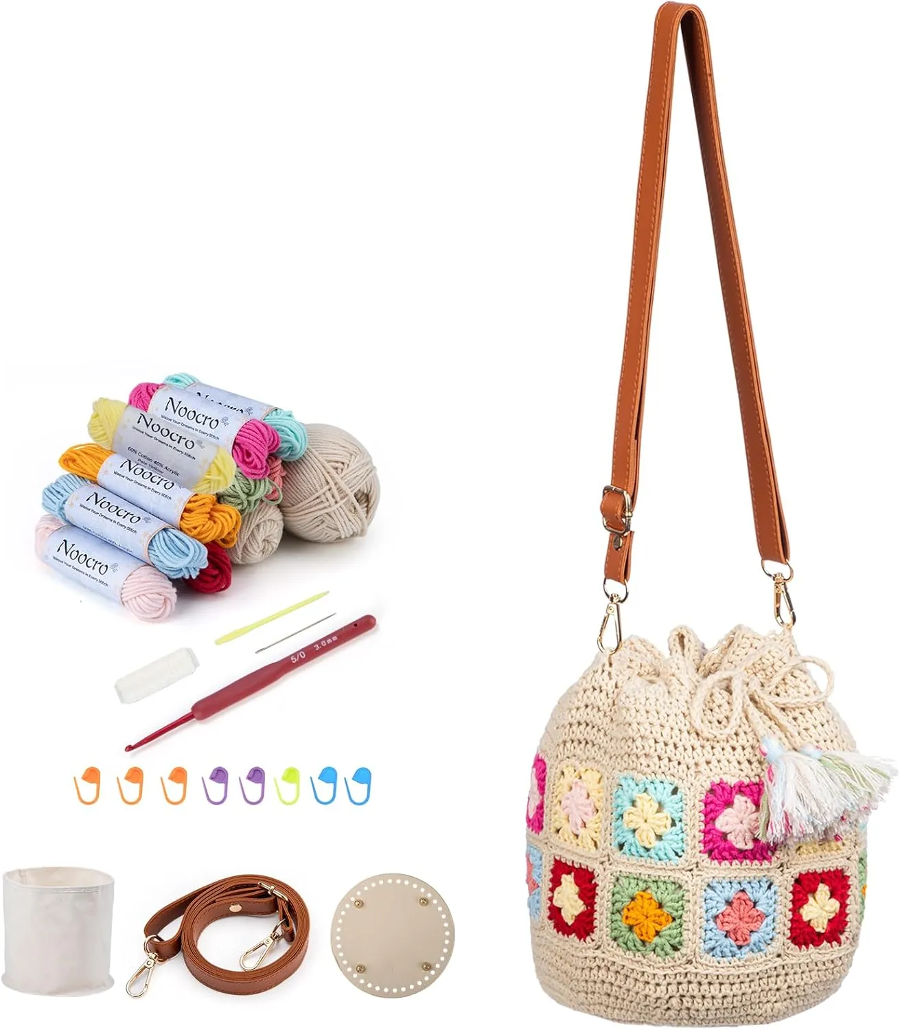 Noocro Crochet Kit for Advanced or Intermediate Beginner DIY Granny Square Bucket Bag, Purse, with Step by Step Tutorial Video and Detailed Instruction Complete Kit Craft Supplies Holiday Gift