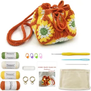 Noocro Crochet Kit Granny Square Shumai Bag, Purse, Complete DIY Kit, Detailed Instructions, Video Tutorials, for Beginners or Intermediate and Advanced Crocheters (Sunflower)