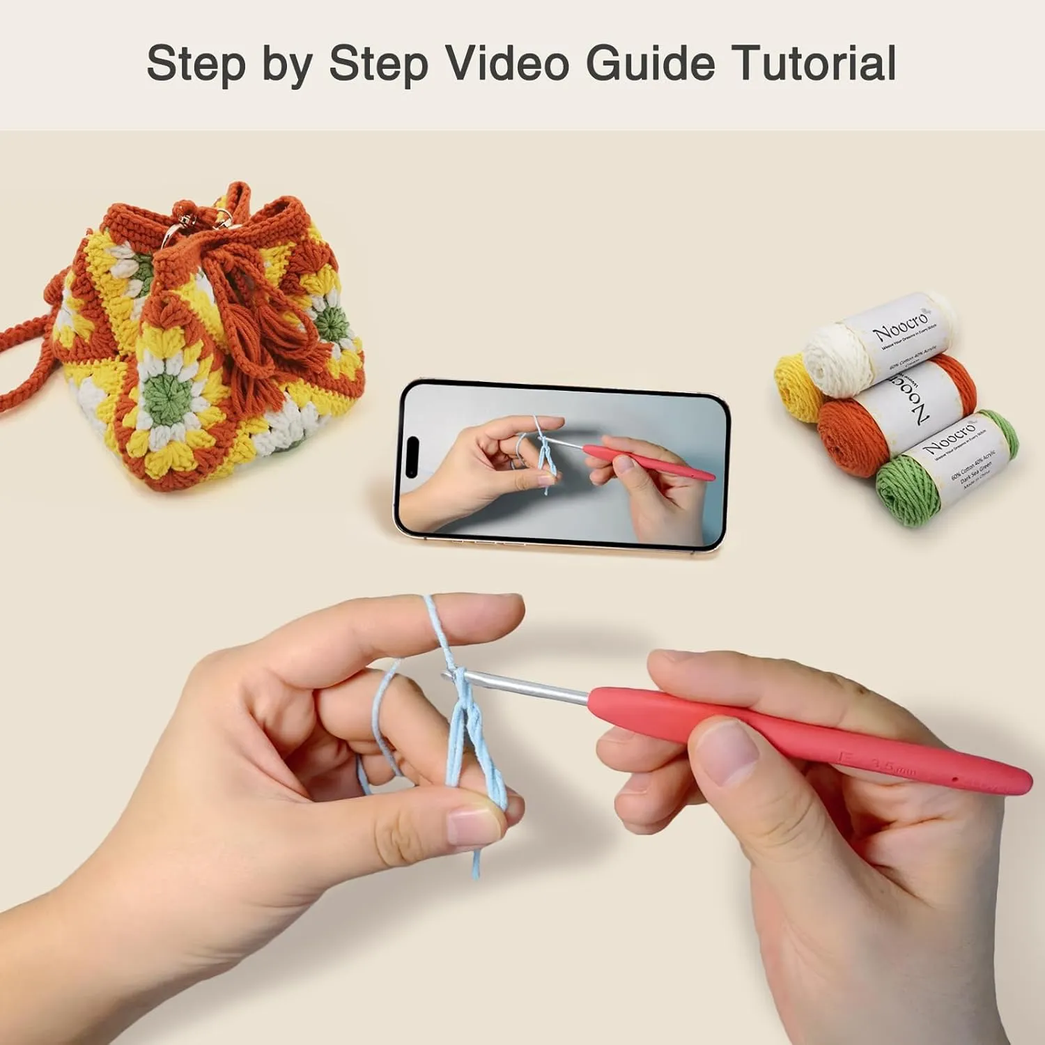 Noocro Crochet Kit Granny Square Shumai Bag, Purse, Complete DIY Kit, Detailed Instructions, Video Tutorials, for Beginners or Intermediate and Advanced Crocheters (Sunflower)