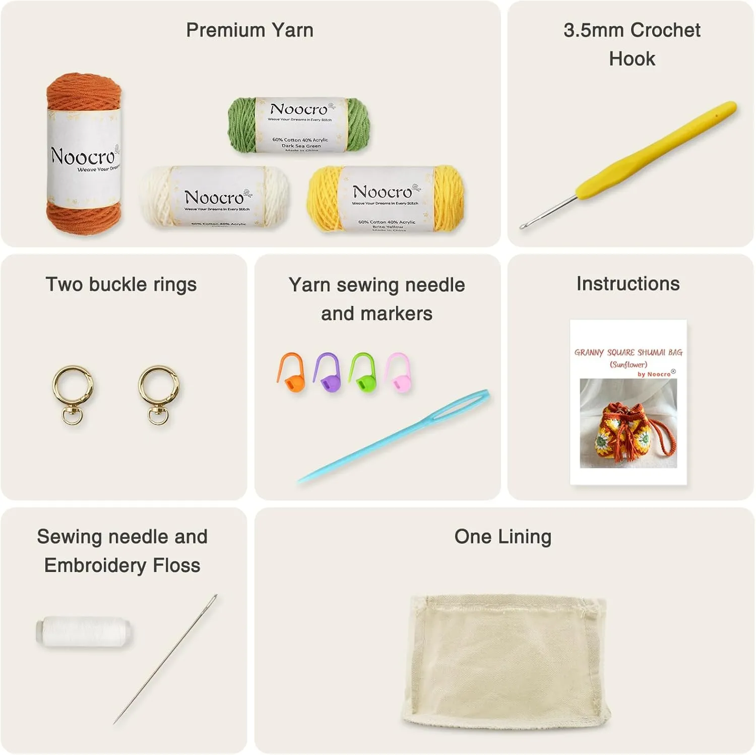 Noocro Crochet Kit Granny Square Shumai Bag, Purse, Complete DIY Kit, Detailed Instructions, Video Tutorials, for Beginners or Intermediate and Advanced Crocheters (Sunflower)