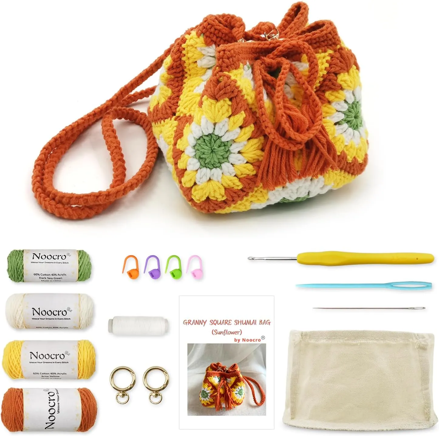 Noocro Crochet Kit Granny Square Shumai Bag, Purse, Complete DIY Kit, Detailed Instructions, Video Tutorials, for Beginners or Intermediate and Advanced Crocheters (Sunflower)