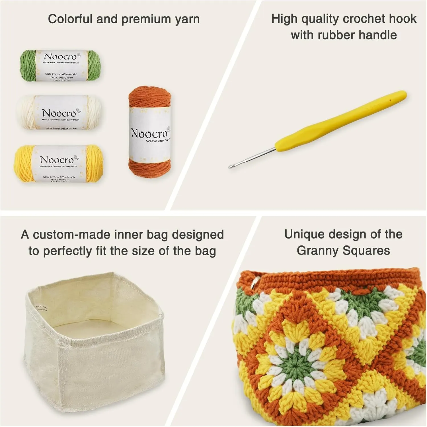 Noocro Crochet Kit Granny Square Shumai Bag, Purse, Complete DIY Kit, Detailed Instructions, Video Tutorials, for Beginners or Intermediate and Advanced Crocheters (Sunflower)