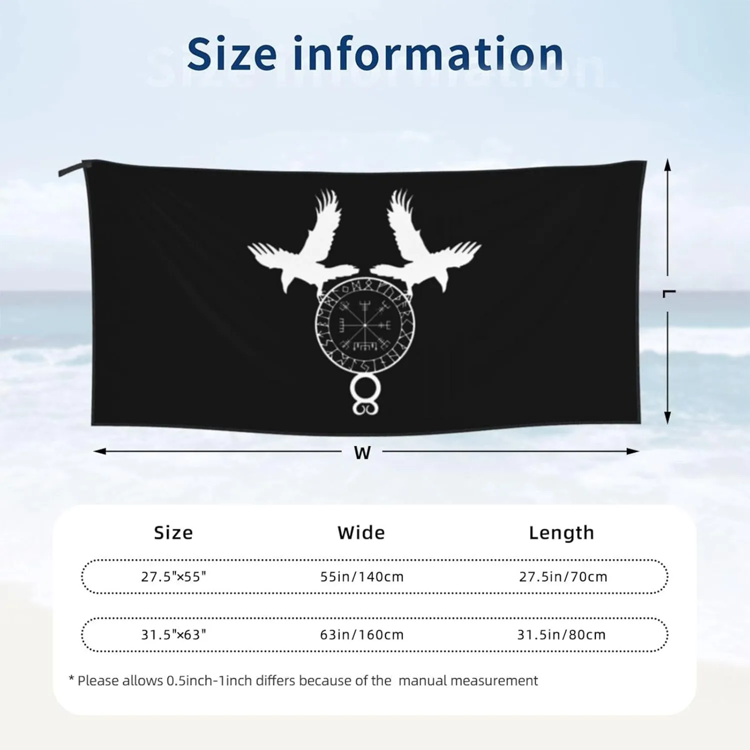 Norse Ravens Vegvisir Beach Towel with Travel Bag 27.5"x55" Quick Dry Sand Free Lightweight Large Oversized Towels Light Vacation Essentials
