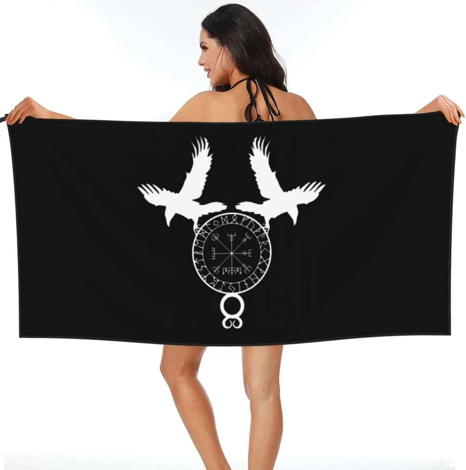 Norse Ravens Vegvisir Beach Towel with Travel Bag 27.5"x55" Quick Dry Sand Free Lightweight Large Oversized Towels Light Vacation Essentials