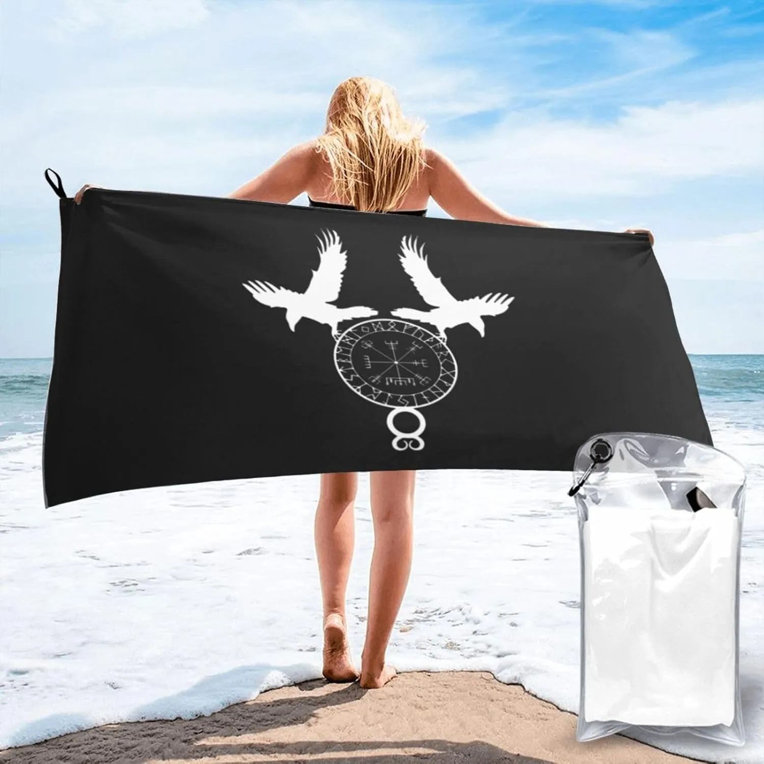 Norse Ravens Vegvisir Beach Towel with Travel Bag 27.5"x55" Quick Dry Sand Free Lightweight Large Oversized Towels Light Vacation Essentials